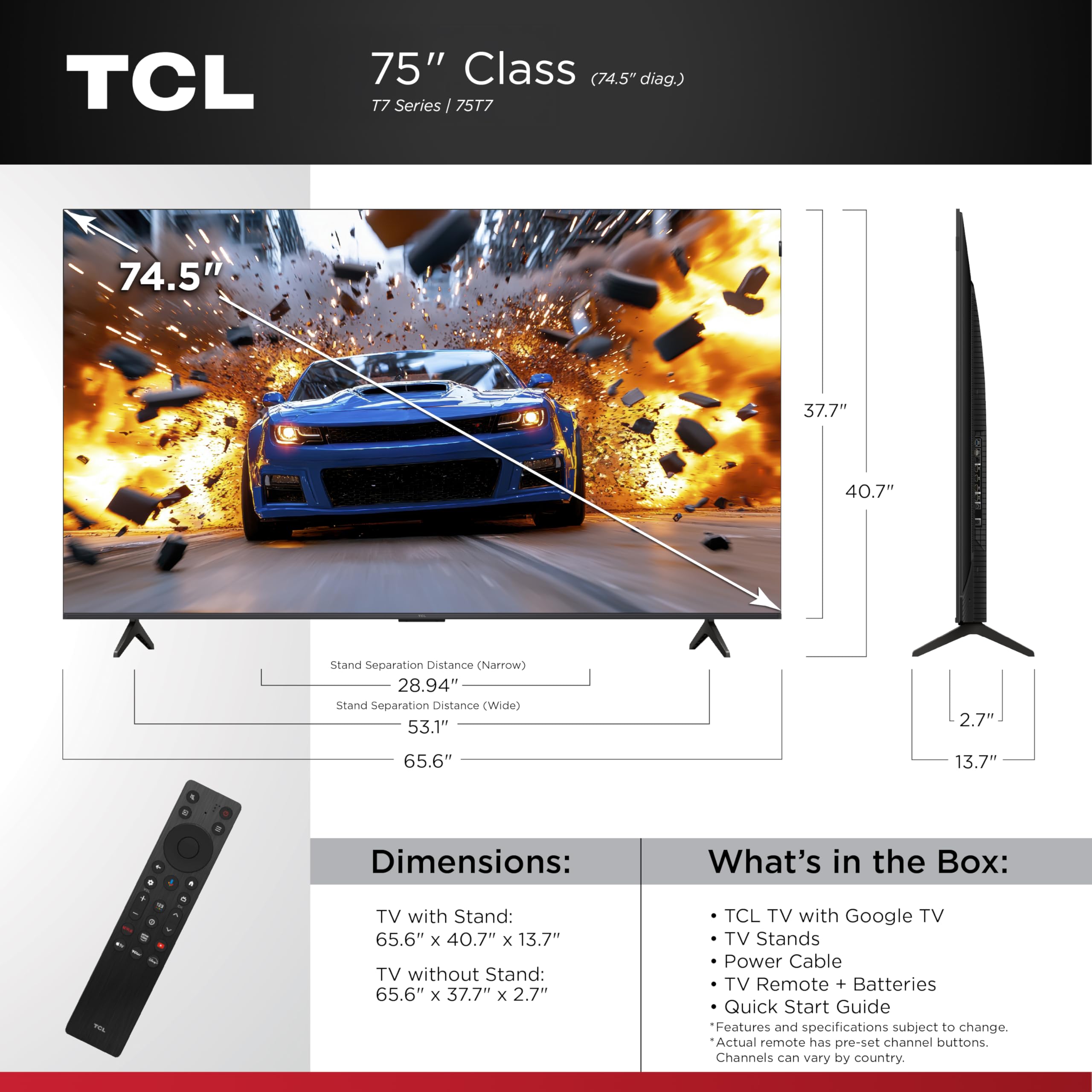 TCL 75 Inch Class T7 Series | 4K QLED HDR | 75T7, 2025 Model | 120HZ-144HZ High Brightness Smart Google TV Dolby Atmos Audio | Voice Remote Alexa Gaming Streaming Television