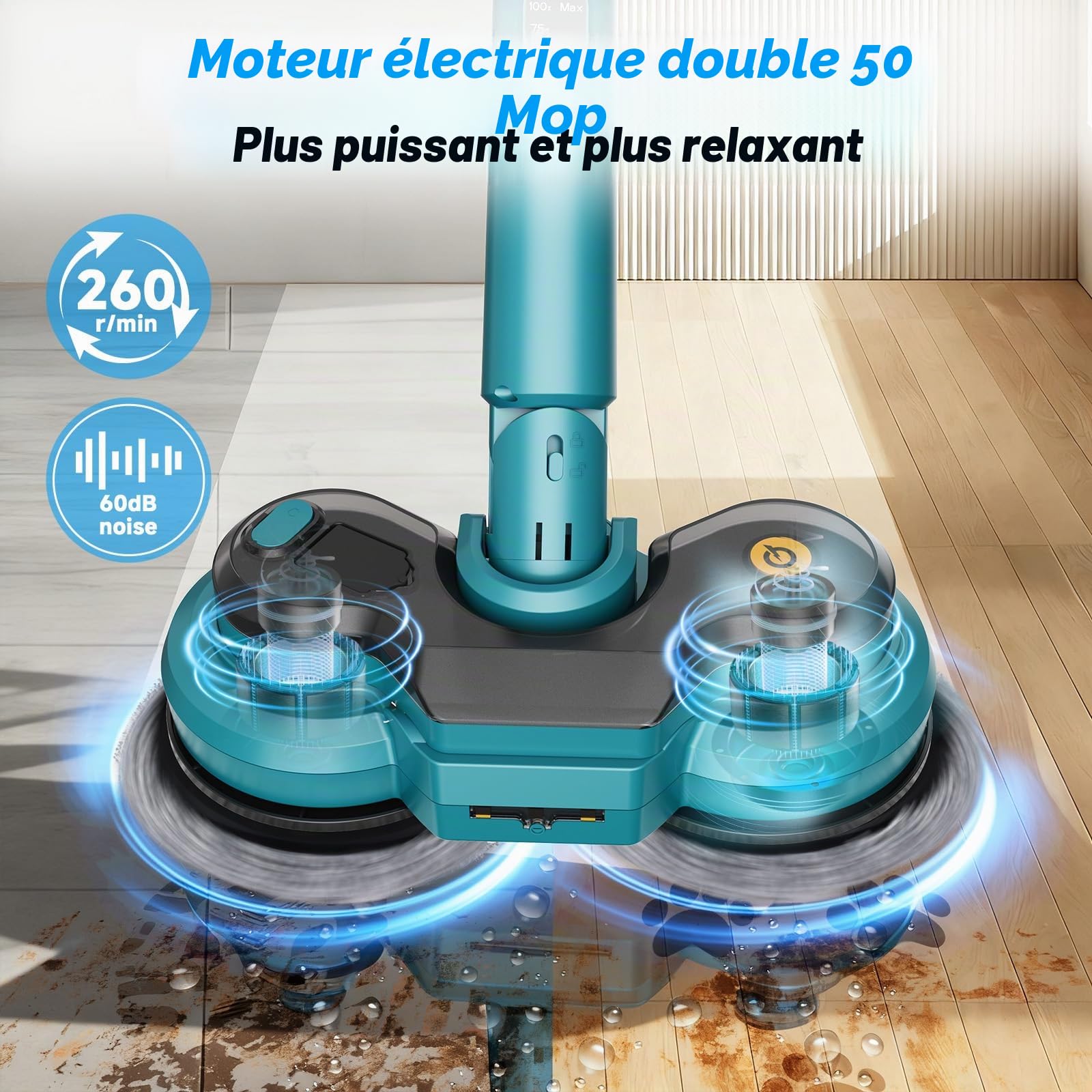 Balai Électrique Sans Fil avec 2 Batteries de 2000 mAh, Balai à Double Rotation avec Pulvérisateur/Phare LED/ Écran Intelligent,Serpillere Electrique avec Réservoir d'eau de 300 ML Pour Sols Multiples