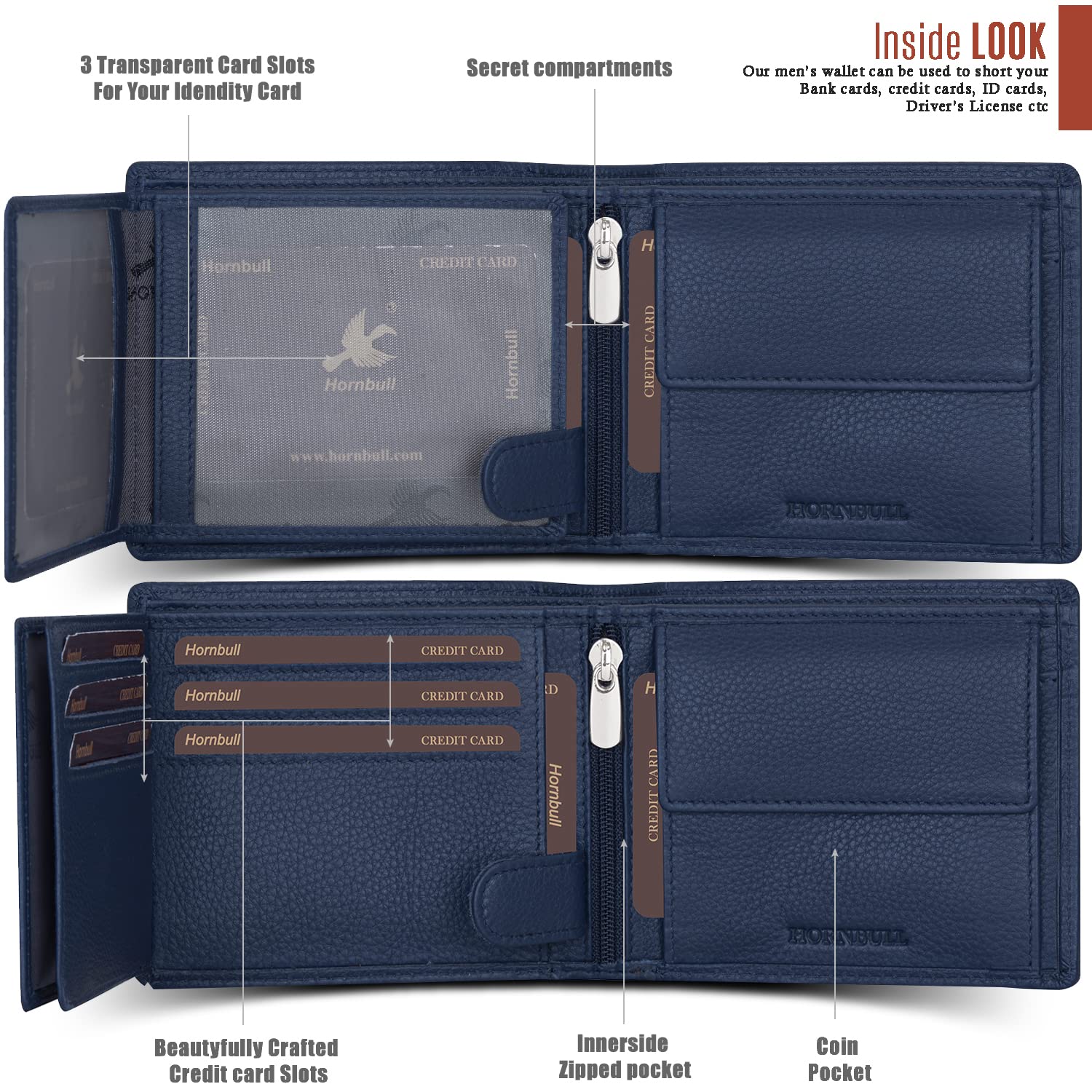 HORNBULL Themes Navy Mens Leather Wallet, Keyring & Pen Combo Gift Set for Men | Valentine's Day Gift Wallet - Image 6 thumbnail