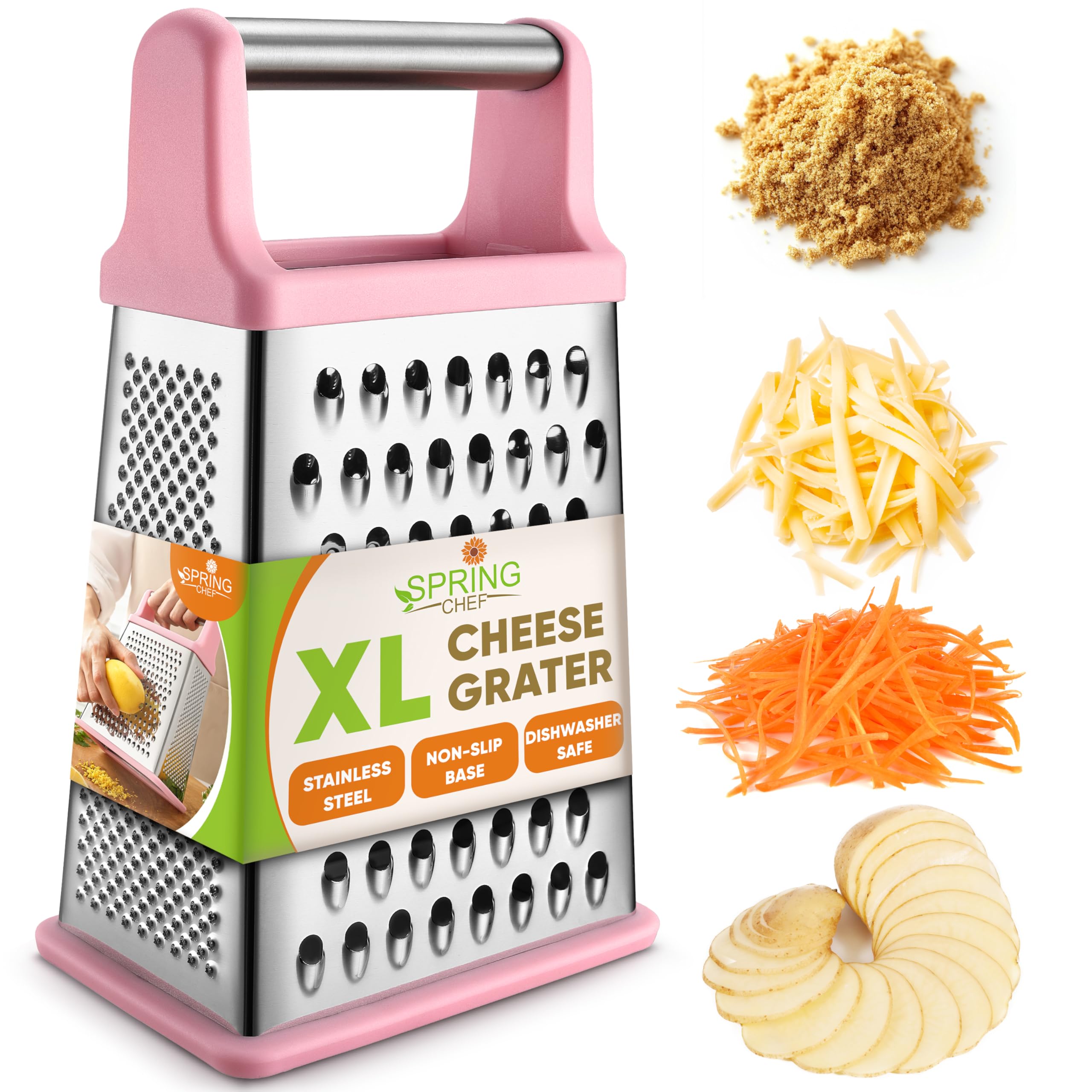 Spring Chef Professional Stainless Steel XL Parmesan Cheese Grater with Handle - 4 Sided Box Grater for Kitchen - Dishwasher Safe Carrot Shredder for Potato, Vegetables, Ginger - Pink Lemonade