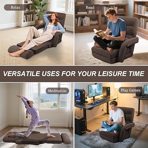 Miniatura 7 de Silla de suelo ajustable para adultos con apoyo trasero, sofá perezoso plegable de 5 posiciones con almohada, silla de juegos y meditación con tela