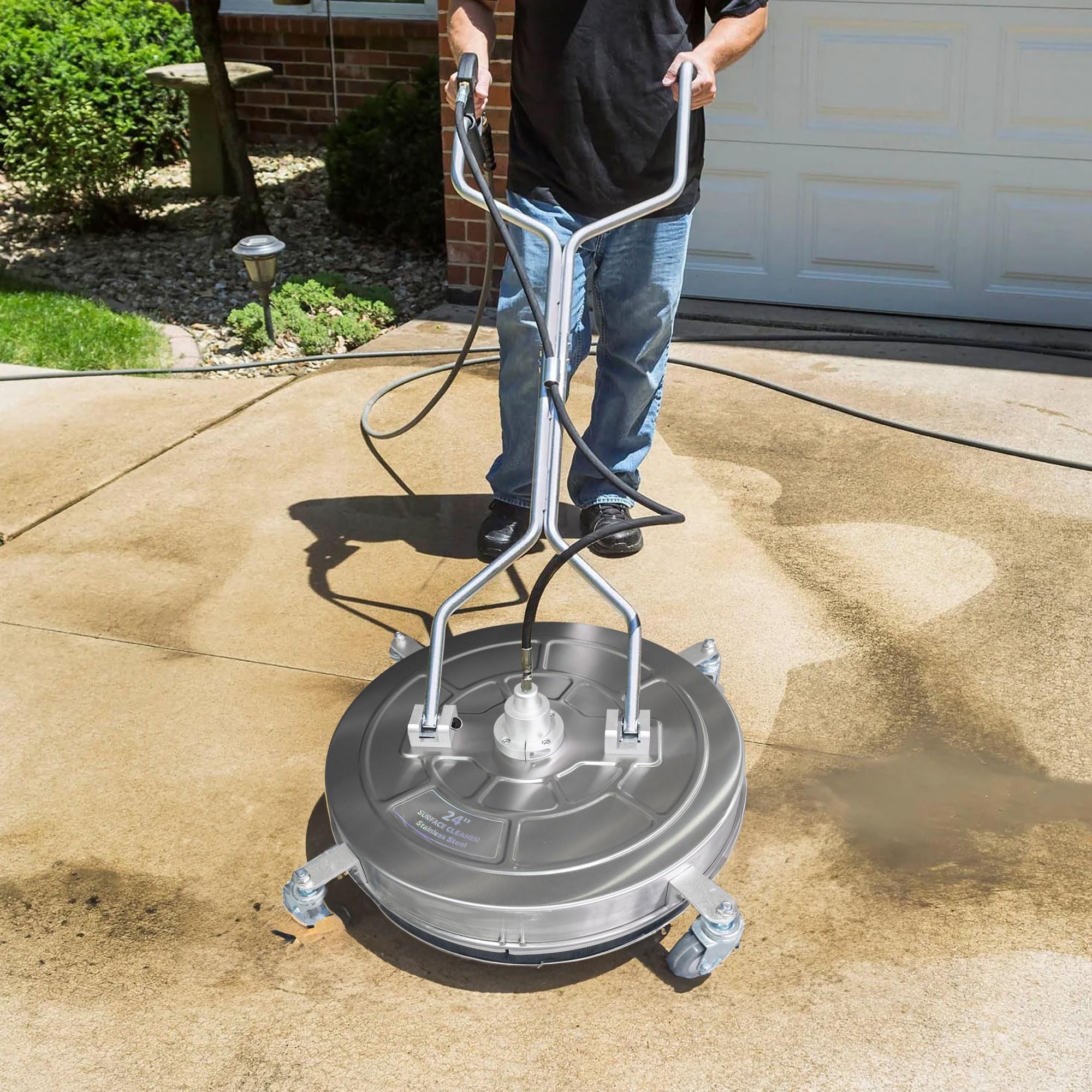 Hourleey Pulitore per superfici idropulitrice da 61 cm, con doppie maniglie, in acciaio inox, con 4 ruote per vialetti, vialetti, marciapiedi, terrazze, 4500 PSI con kit di connettori rapidi da 3/8"