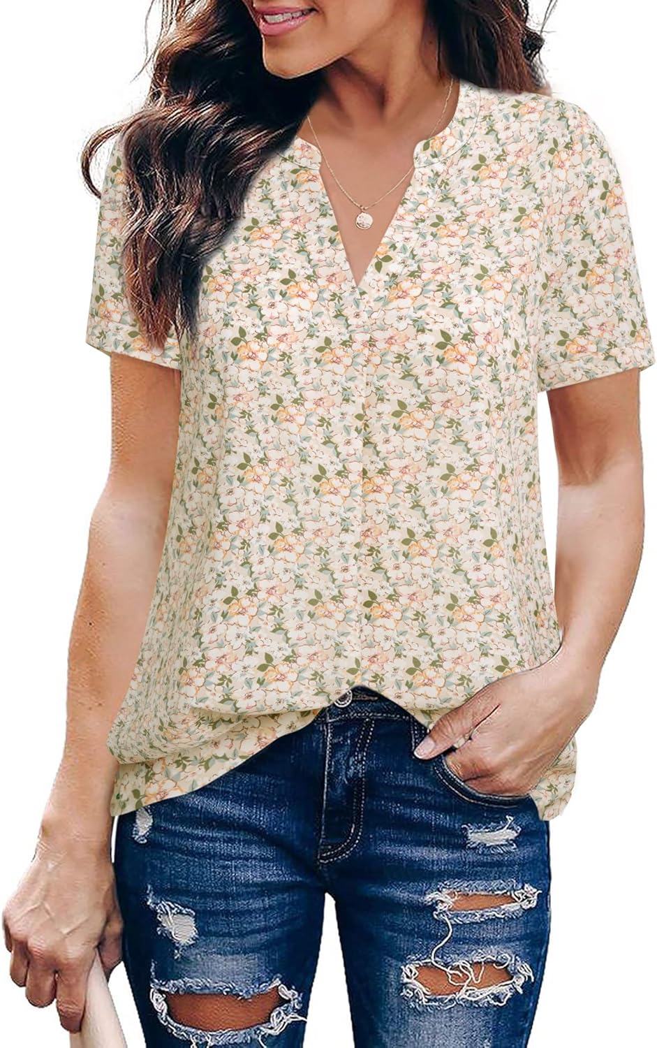 Timeson Women's V Neck Short Sleeve Curved Hem Sheer Chiffon Blouse Shirts Tops