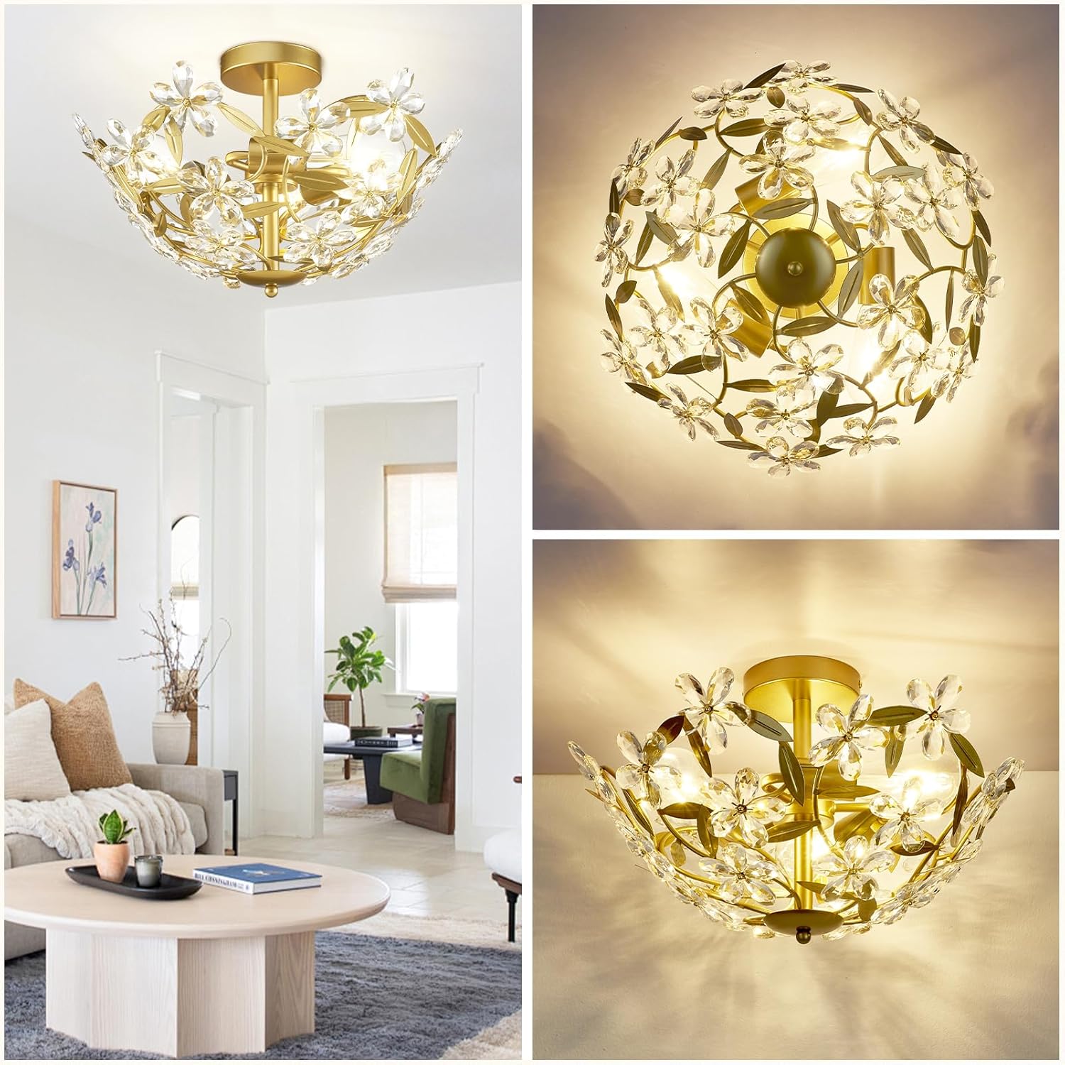 Hamilyeah 16inch Gold Semi Flush Mount Ceiling Light with Crystal Flower Design, Modern Floral Light Fixture Ceiling Mount for Bedroom, Living Room, Dining Room, Hallway
