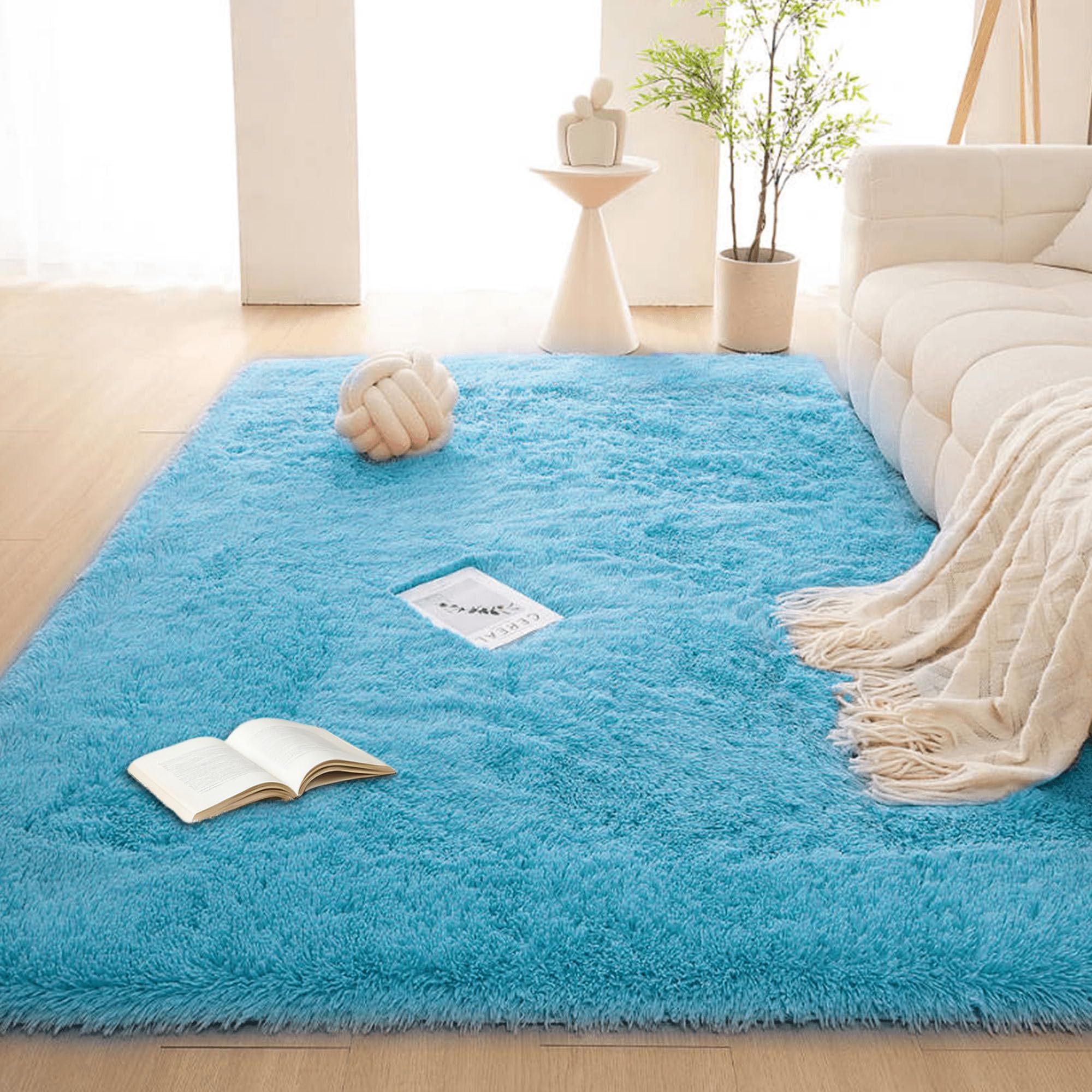 Tapis de salon moelleux à poils longs grand format bleu lavable