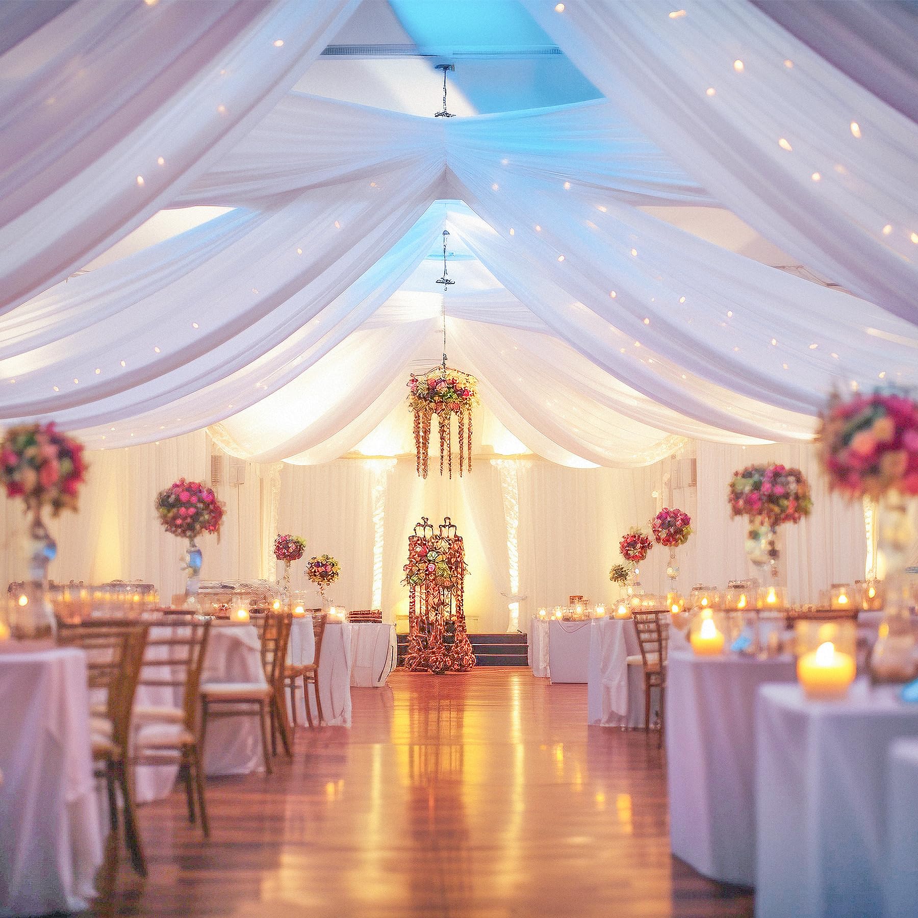 6 Paneele weiße Deckenvorhänge mit Lichtern für Hochzeiten, Deckenvorhänge, 1,5 x 3 m, Hochzeitsfoto-Hintergründe, durchsichtige Vorhänge, Tüll, Zeltvorhänge, Hochzeitsdekorationen für Party