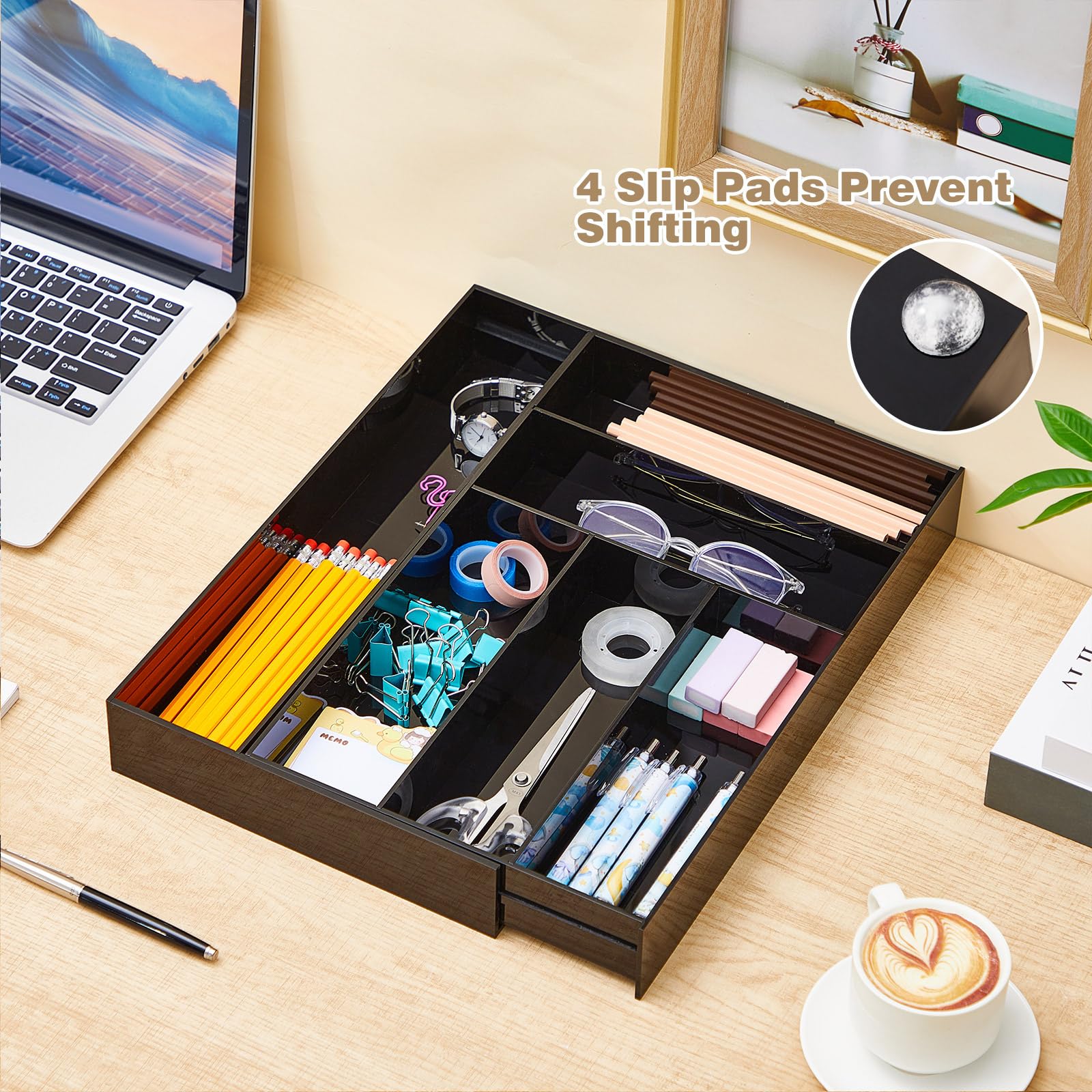 Briwooody Organizer per cassetti in acrilico, massimo 38 x 45 cm, espandibile, per penne, quaderni, righelli, vassoio per trucchi con 7 scomparti regolabili, per scrivania, ufficio, cucina, bagno