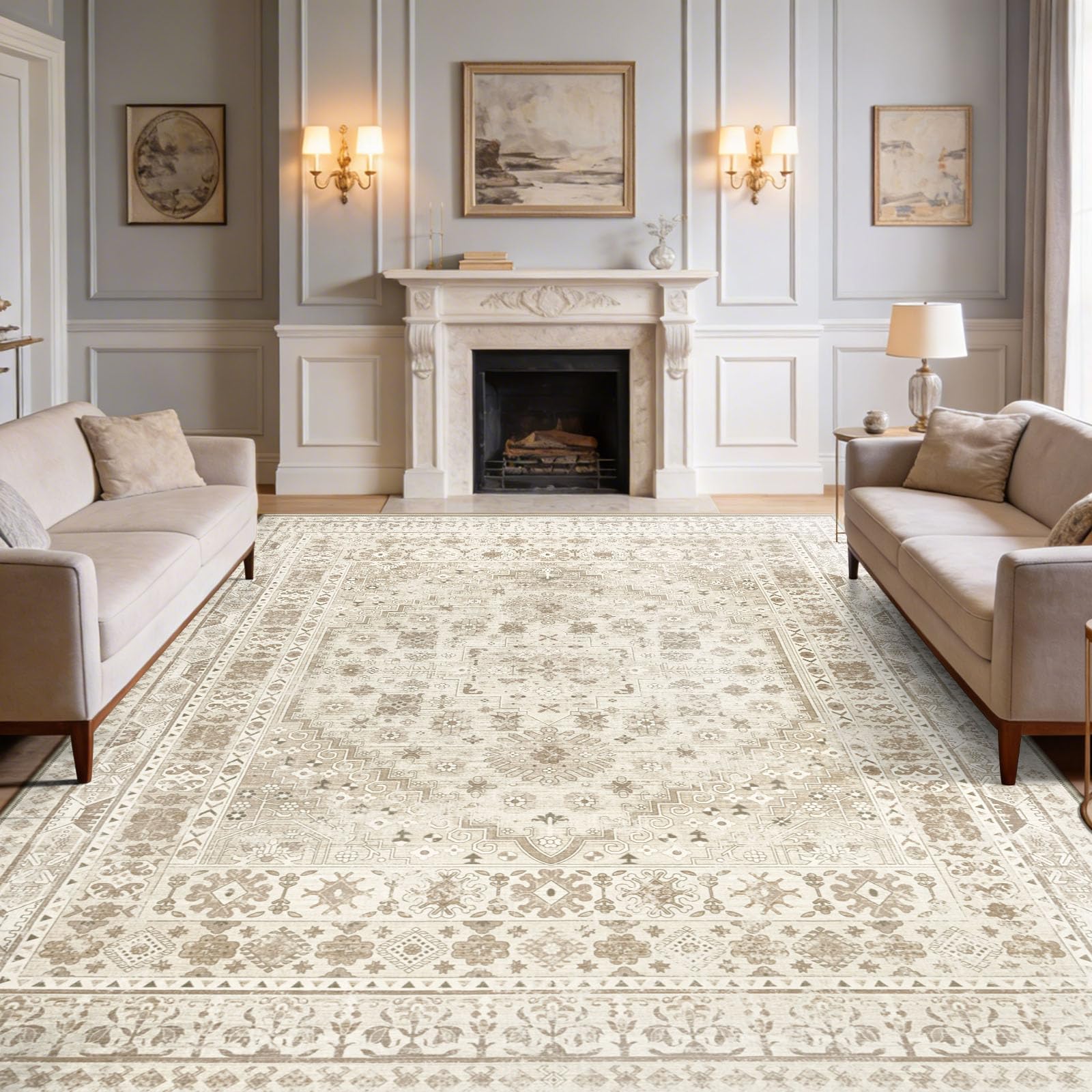 Capslpad Washable Rugs Living Room 240x340cm Distressed Vintage Area Rugs Non-Slip Traditional Oriental Bedroom Carpet Low Pile Thin Floor Mat Rug for Dining Room Kitchen Office Decor, Beige