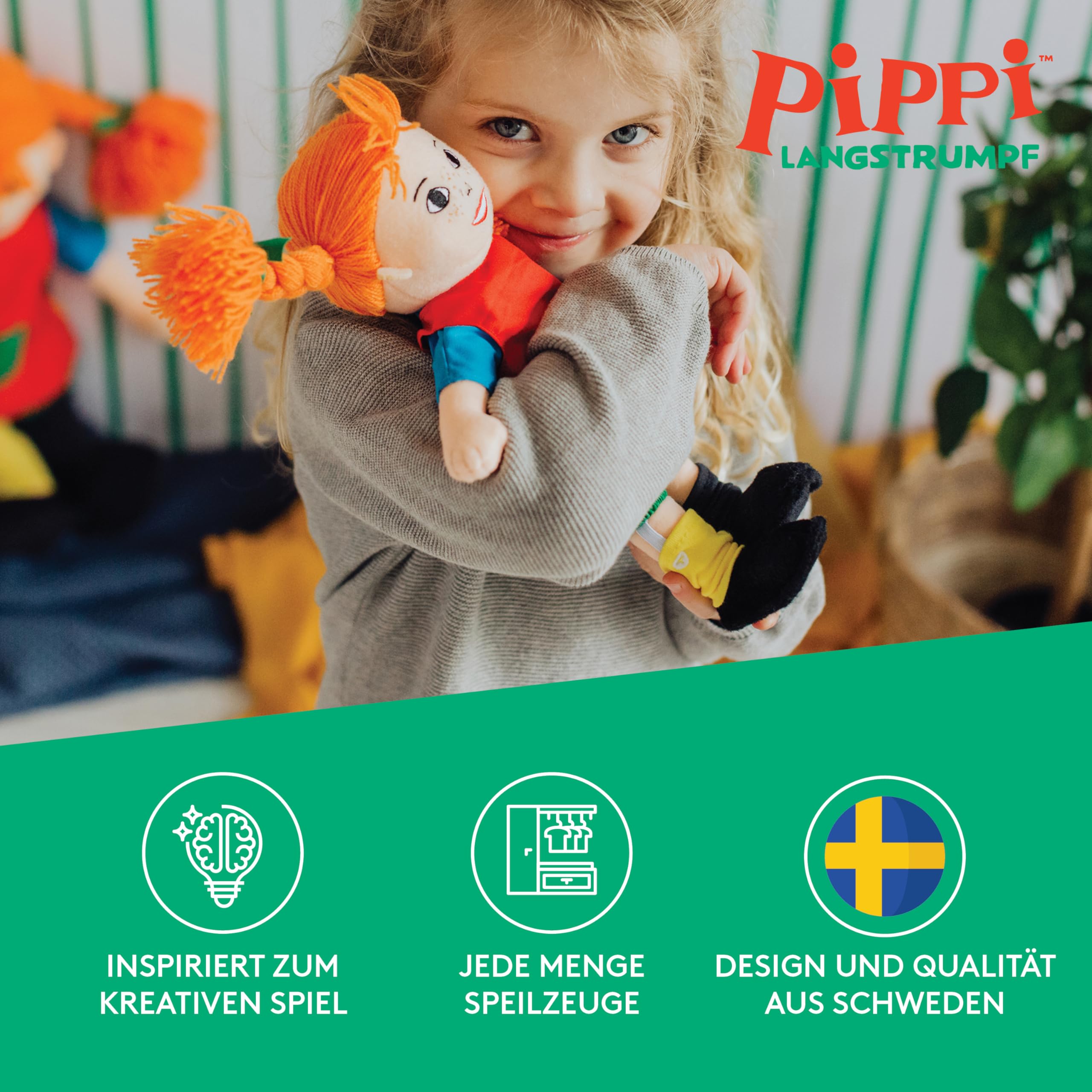 Pippi Langstrumpf Puppe, 20cm – süße Stoffpuppe für Mädchen und weiche Kuschelpuppe ab 10 Monaten – Anziehpuppe und Plüschpuppe als z.B. Taufgeschenke für Mädchen