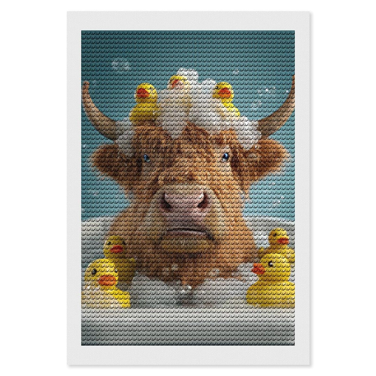 Junmoney Highland Cow Bath Time with Ducks Diamond Painting Set 8"x12", Holiday Gift Idea, for Creative Relaxation, Fun Craft Experience, Vintage Style Decor