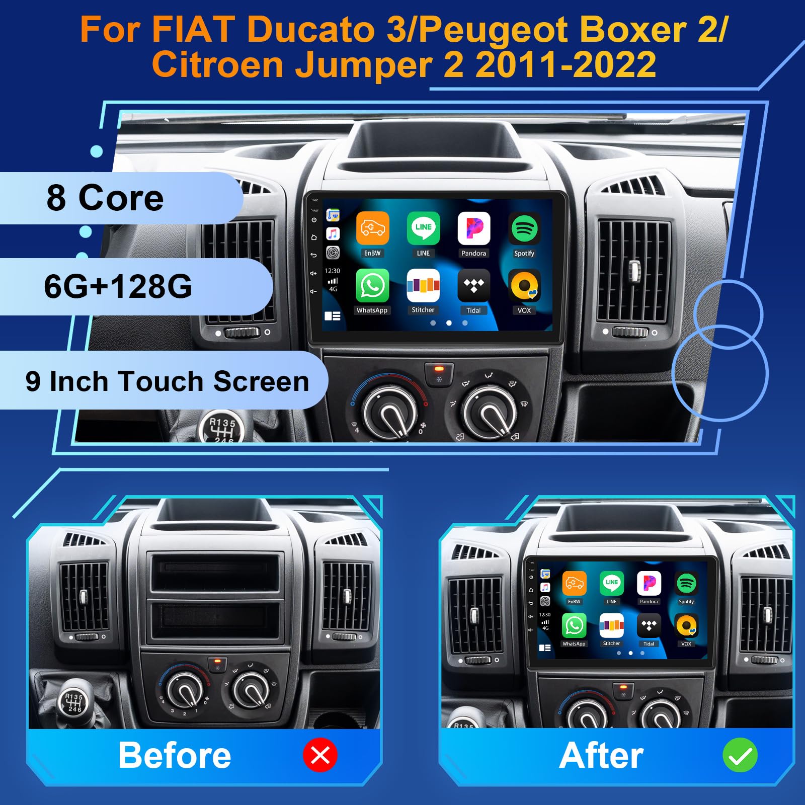Android15, 6G+128G 8Núcleos GOHHDL Autoradio para FIAT Ducato 3/Peugeot Boxer 2/Citroën Jumper 2 2011-2022 Carplay Android Auto, Pantalla de 9 Pulgadas 2Din con GPS WiFi BT FM/RDS DSP SWC Cámara