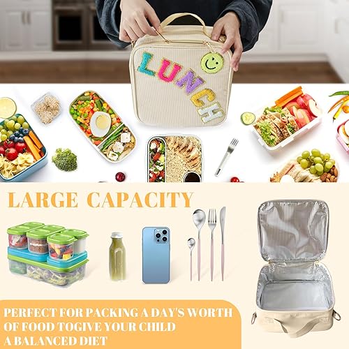 Miniatura 6 de Lonchera aislada con correa ajustable para el hombro, bonita lonchera de pana preparada, bolsa de almuerzo con aislamiento grande, bolsa de almuerzo