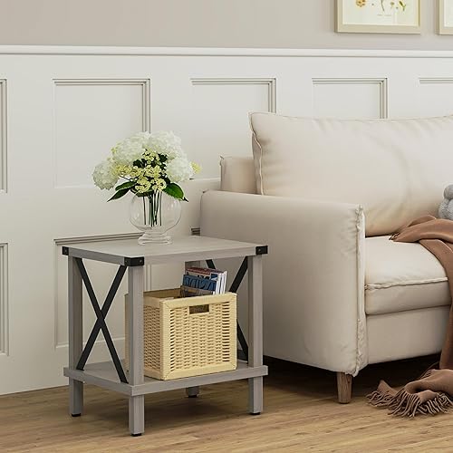 Miniatura 4 de MLBZ16Z - Mesa auxiliar grande de estilo industrial, mesa auxiliar de madera con acento en X de metal con estante de almacenamiento para sala de