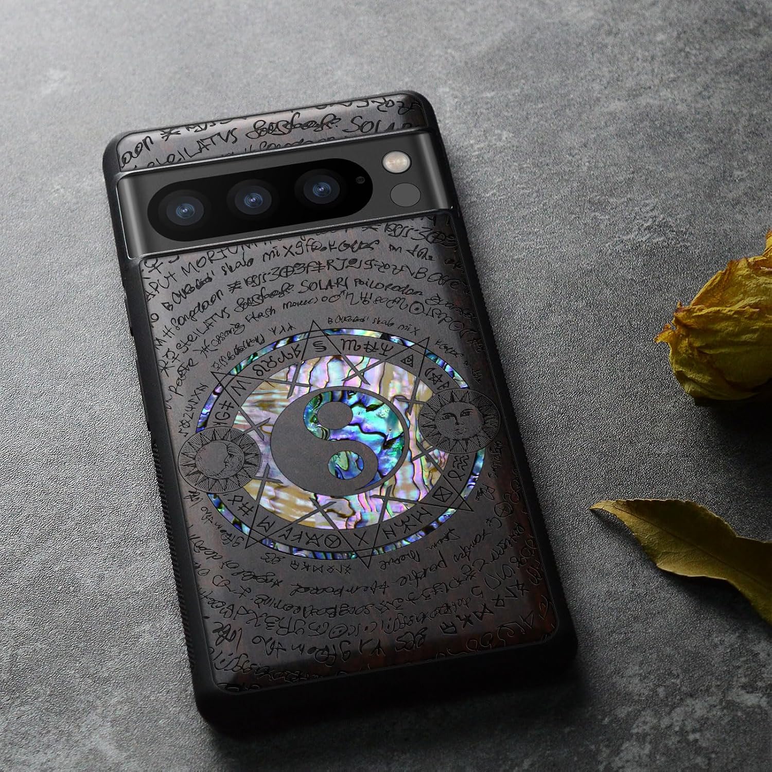 Carveit Designer Wooden Case for Google Pixel 8 Pro Case Cover [Wood Engraving & Shell Inlay] Compatible with Wireless Chargers Pixel 8 Pro (Yin Yang and Star-Blackwood)