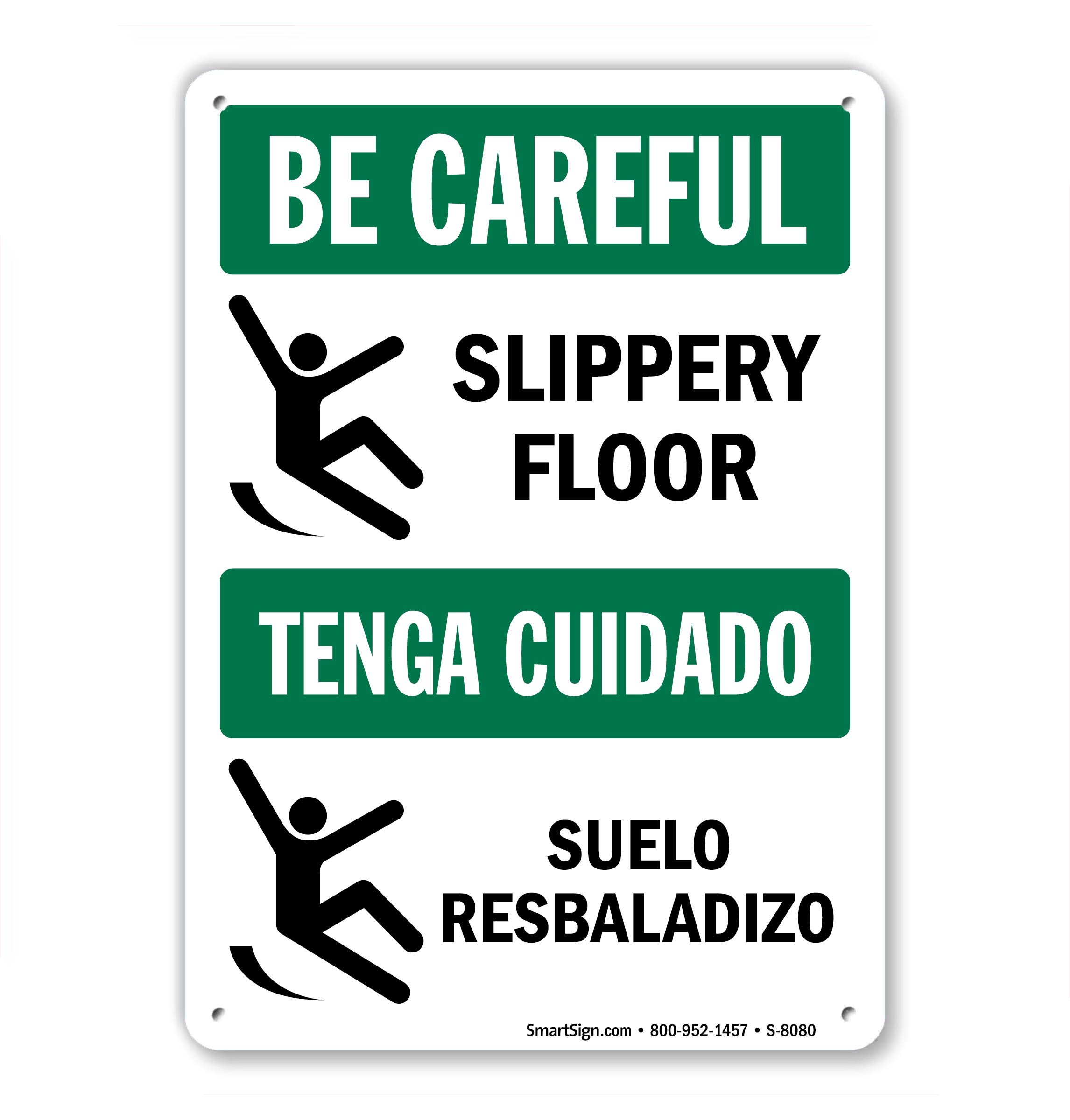 Smartsign S-8080-PL-14 "Be Careful - Slippery Floor" Plastic Sign, Bilingual with Graphic, 14" x 10", Black on Yellow