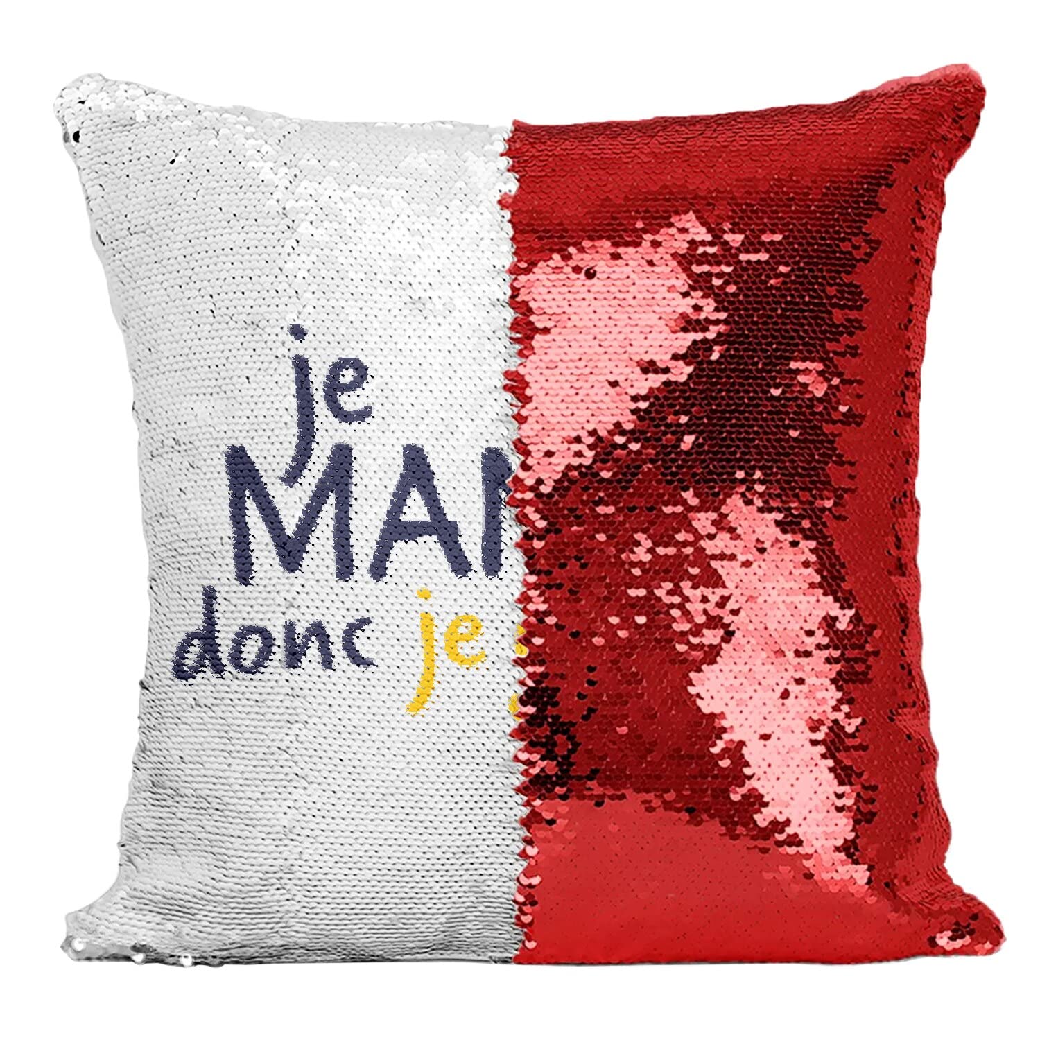 Coussin sequin rouge Je Mange Donc Je Suis pour déco canapé humour