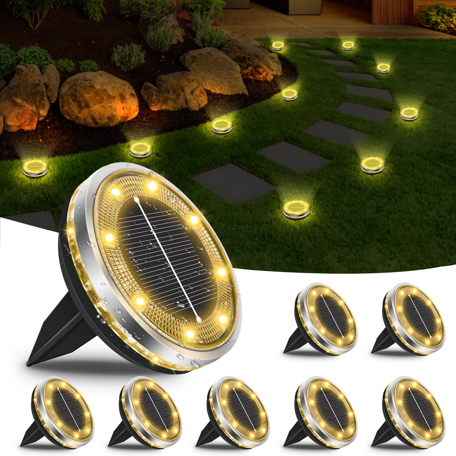 Bowfar 8 Stück Solar Bodenleuchten Aussen, IP65 Wasserdicht Solarlampen 12 LEDs Gartenbeleuchtung Solar Mit Upgrade Solarpanel, Warmweiß Solarleuchten für Garten, Rasen, Gehweg, Patio, Auffahrt
