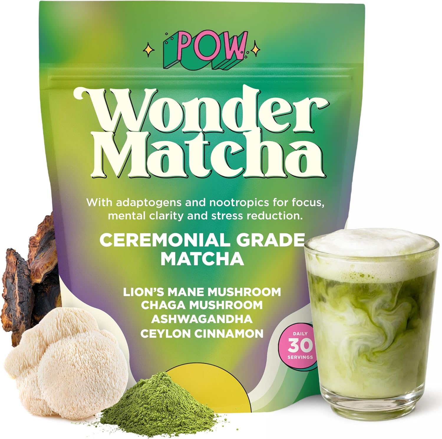 Pow Wonder Matcha | Organic Ceremonial Matcha w/Adaptogens, Mushrooms, Lion's Mane Mushroom and Ashwagandha (Lightly Sweetened | Up to 28 Servings)