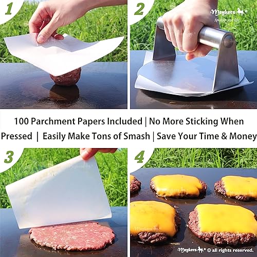 Miniatura 3 de Meykers Burger Smasher - Hamburguesa de 6.3 pulgadas y 100 papel de hamburguesa  para sartén para parrilla de plancha, sartén  Prensadora plana de