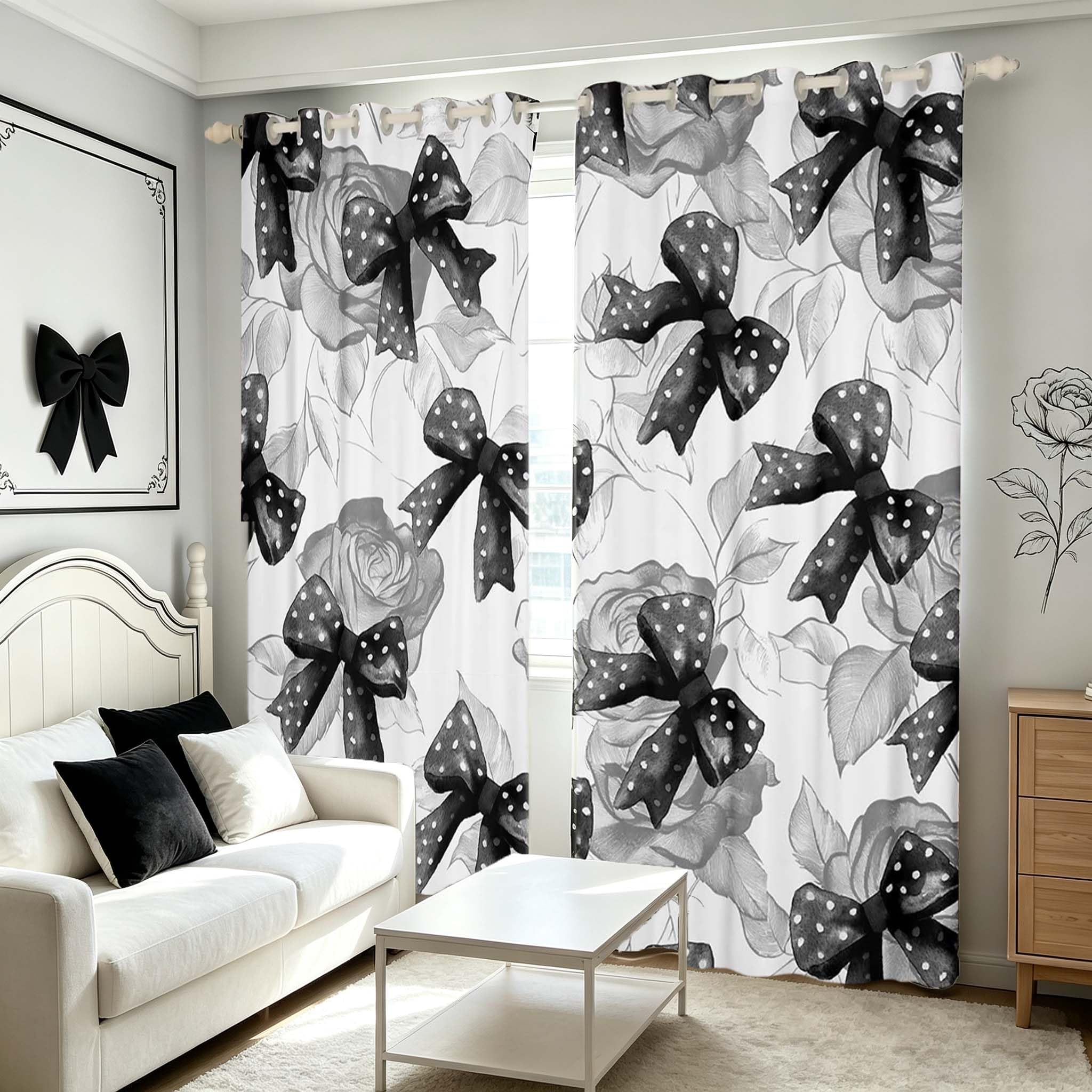 Homemissing Black White Bowknot Curtains(2 Panels,W46*L54) For Kids Girls Teens Bedroom Cute Coquette Bow Darkening Blackout Window Curtains Rose Bow Ribbon Window Treatments