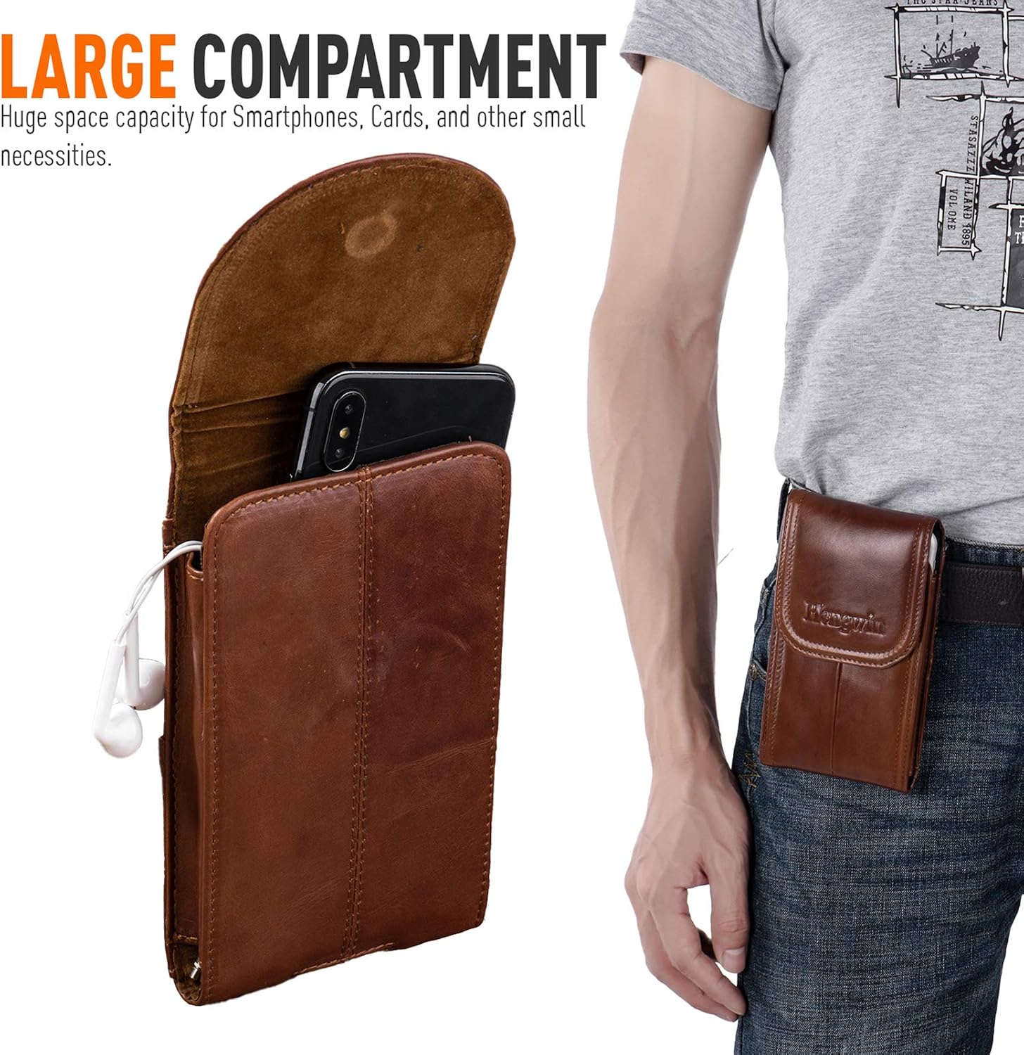 Hengwin Genuine Leather Cell Phone Holster for Outdoor Walking Working, Phone Holder Belt Pouch Case with Belt Clip Fits for iPhone 17 Pro Max 16 Pro Max Samsung Galaxy S25 Edge S24 Ultra (Brown)