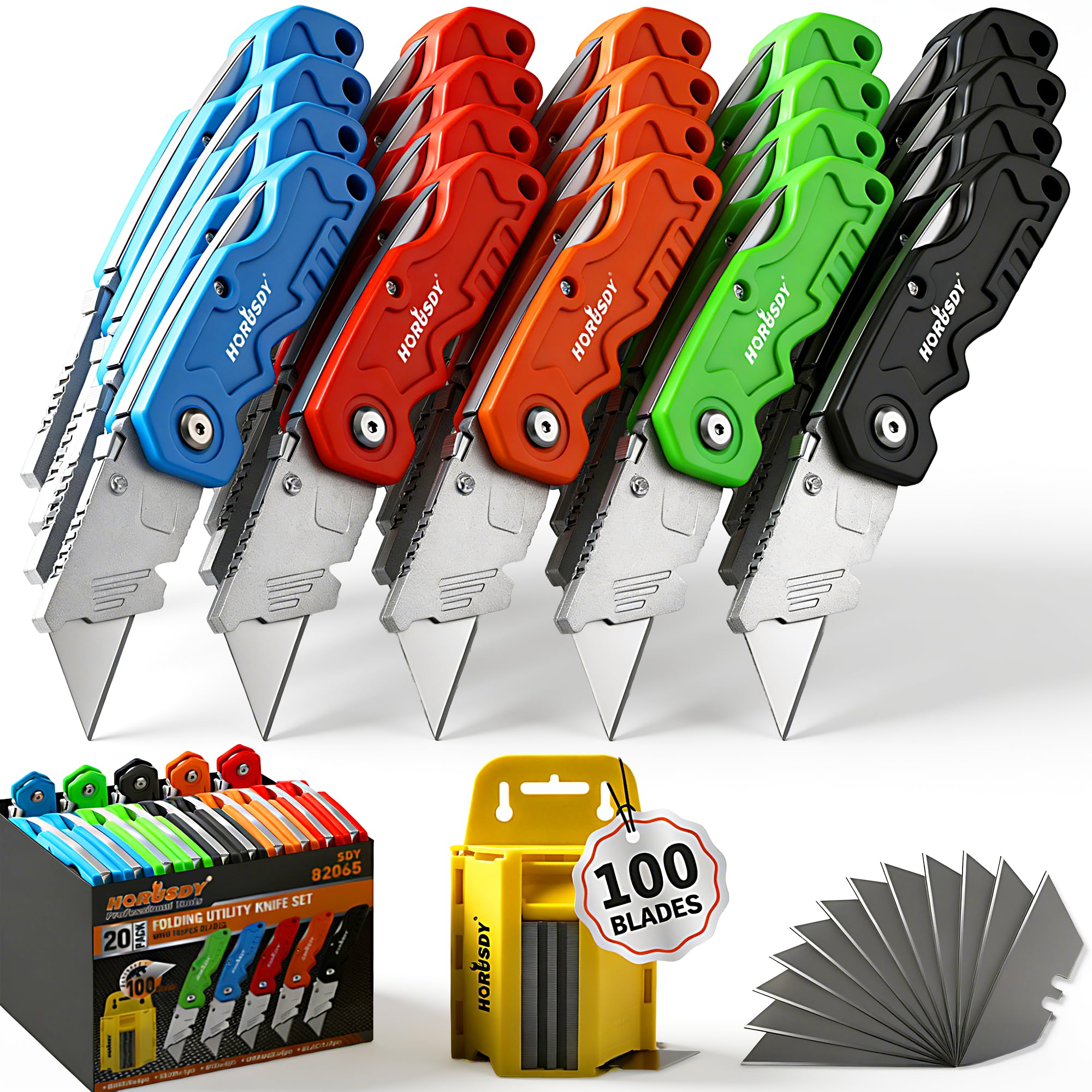 HORUSDY 20-Pack Folding Utility Knife Set, Heavy-Duty Box Cutters