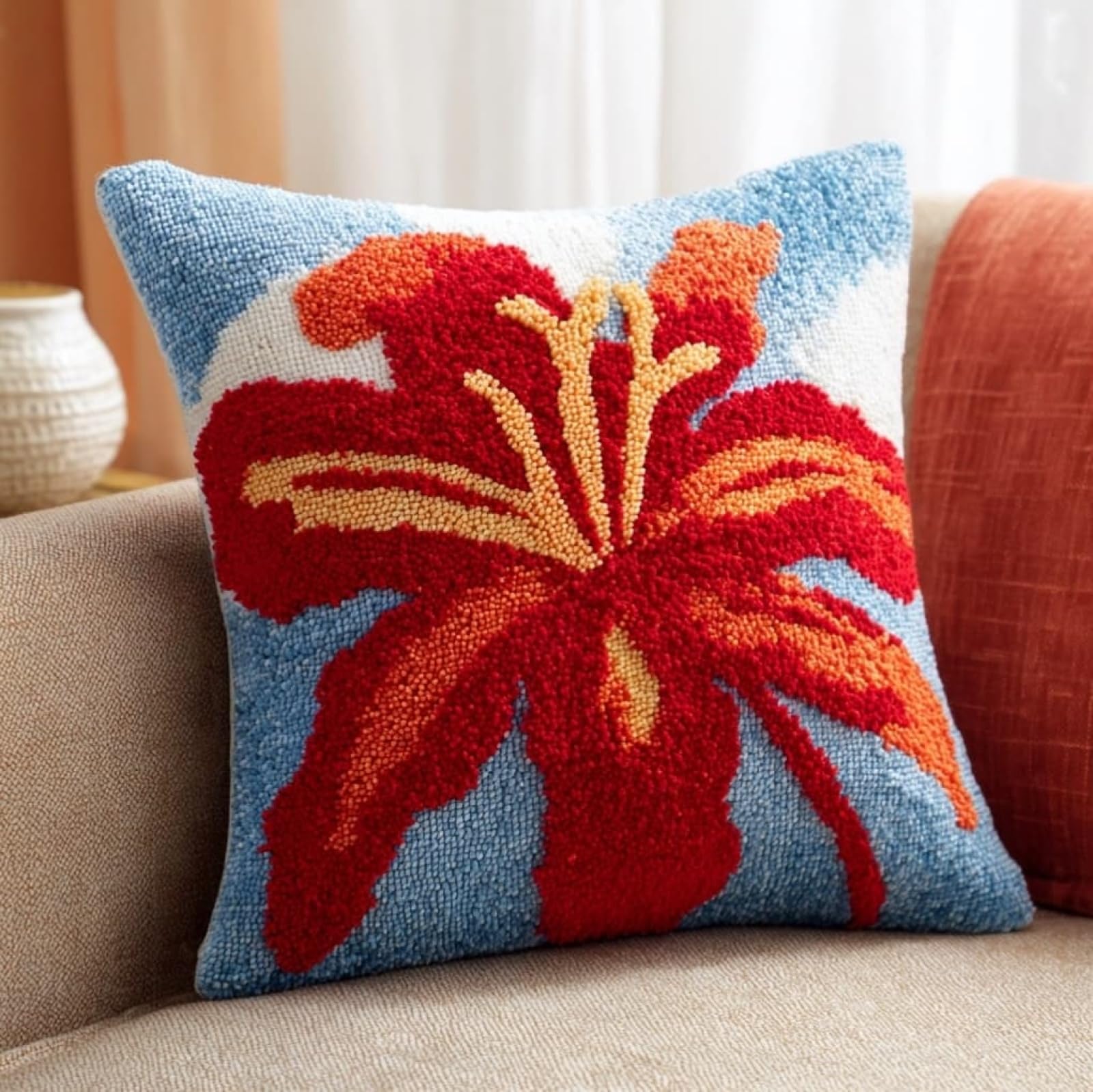 AxiangziK 43x43cm Latch Hook Cushion Making Kit,Red Lilies DIY Latch Hook Pillow Cover kit,Soft Yarn Pillow Set,Ideal Creative Gift for Adults