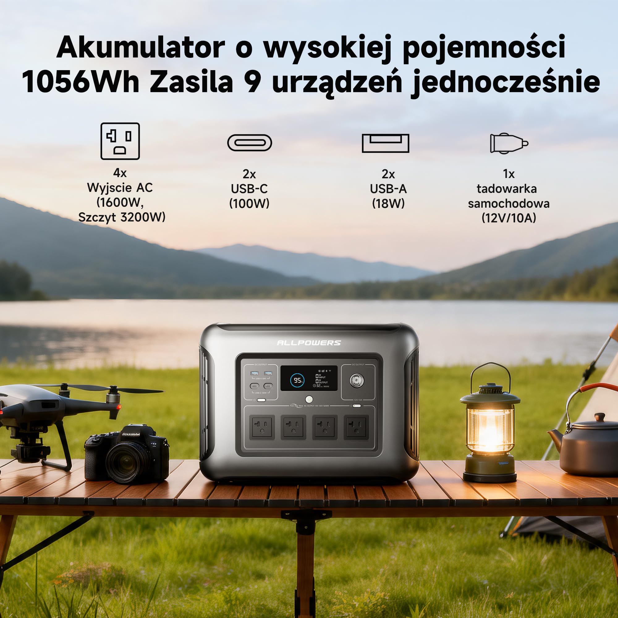 ALLPOWERS Przenośna stacja zasilania R1500 LITE, akumulator LiFePO4 (LFP) o pojemności 1056Wh, generator słoneczny (panele słoneczne opcjonalne) (R1500 LITE+SE100)