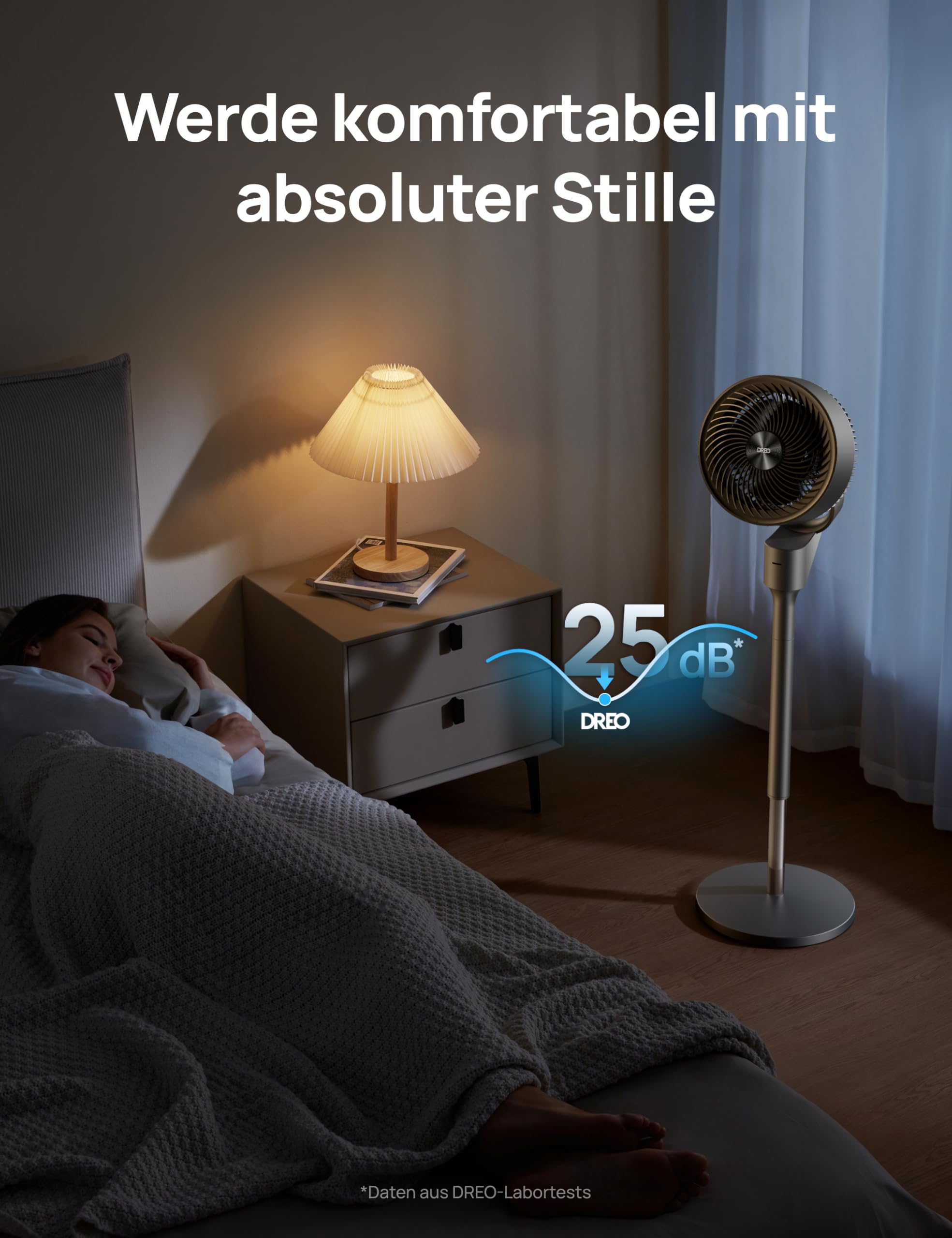 DREO Ventilator für Schlafzimmer, 80° oszillierender Standventilator, 20dB leise, 24m Reichweite, 90° manuelle vertikale Neigung, 3 Stufen, Fernbedienung, 86–104 cm höhenverstellbar, Luftzirkulator