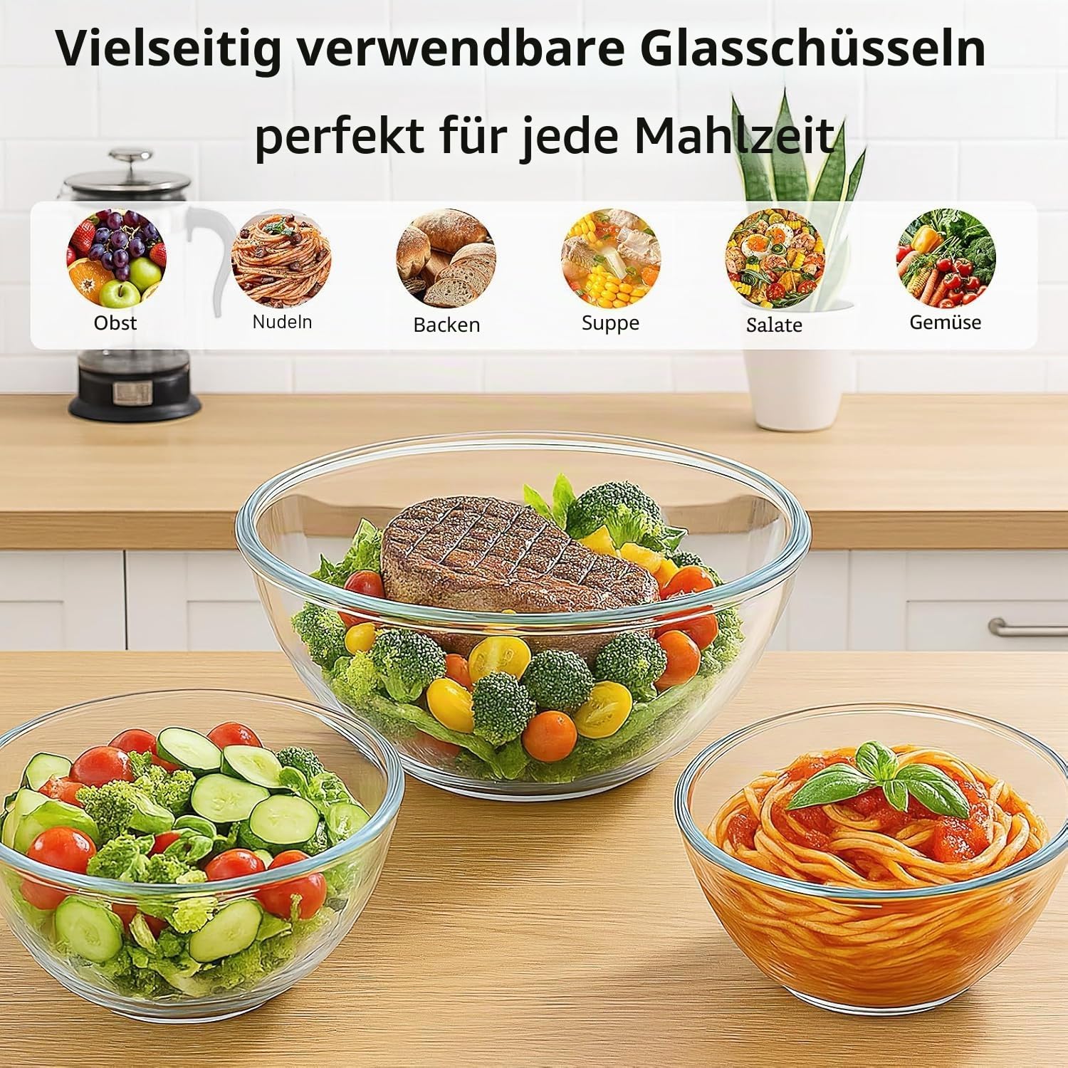 3er Set Glas Salatschüssel mit Deckel, Rund Glasschüsseln (4,2L, 2,5L, 2L) | Stapelbare Borosilikatglas Rührschüsseln, spülmaschinenfest, zum Backen, Vorbereiten, Aufbewahren und Servieren
