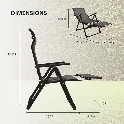 Miniatura 3 de Caravan Sports Ergo+ Silla plegable para patio, gris con reposapiés abatible, capacidad de peso de 300 libras, 7 posiciones reclinables