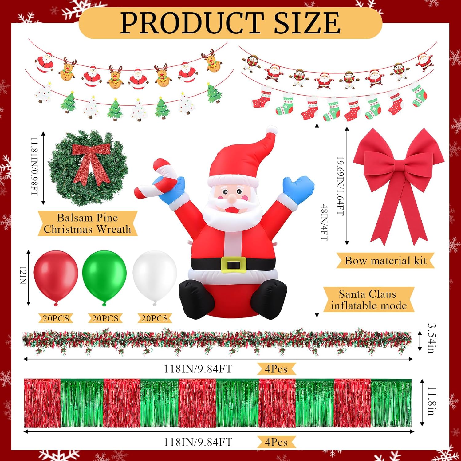 75pcs Christmas Parade Float Large Car Decoration 48inch Inflatable Santa Claus 24inch Giant Bow 1christmas Wreath 4red Green Metallic Foil Fringe 4 118.8inch Tinsel Garland 4banner 60balloon
