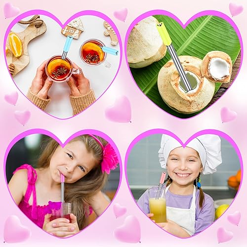 Miniatura 7 de Pajitas de acero inoxidable en forma de corazón con puntas de silicona, pajitas de corazón reutilizables, lindas pajitas con 2 cepillos de limpieza
