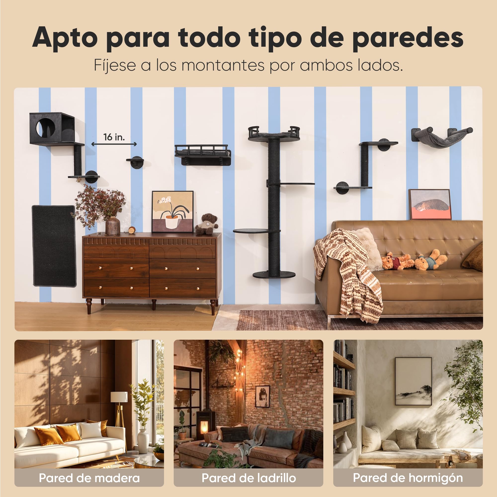 FUKUMARU Set de Pared de Escalada para Gatos, 4 en 1 Mueble de Pared Estable de Madera Multicapa con Hamaca, estantes, Poste rascador y Alfombra de sisal – Kletterwand Ahorra Espacio (Negro)