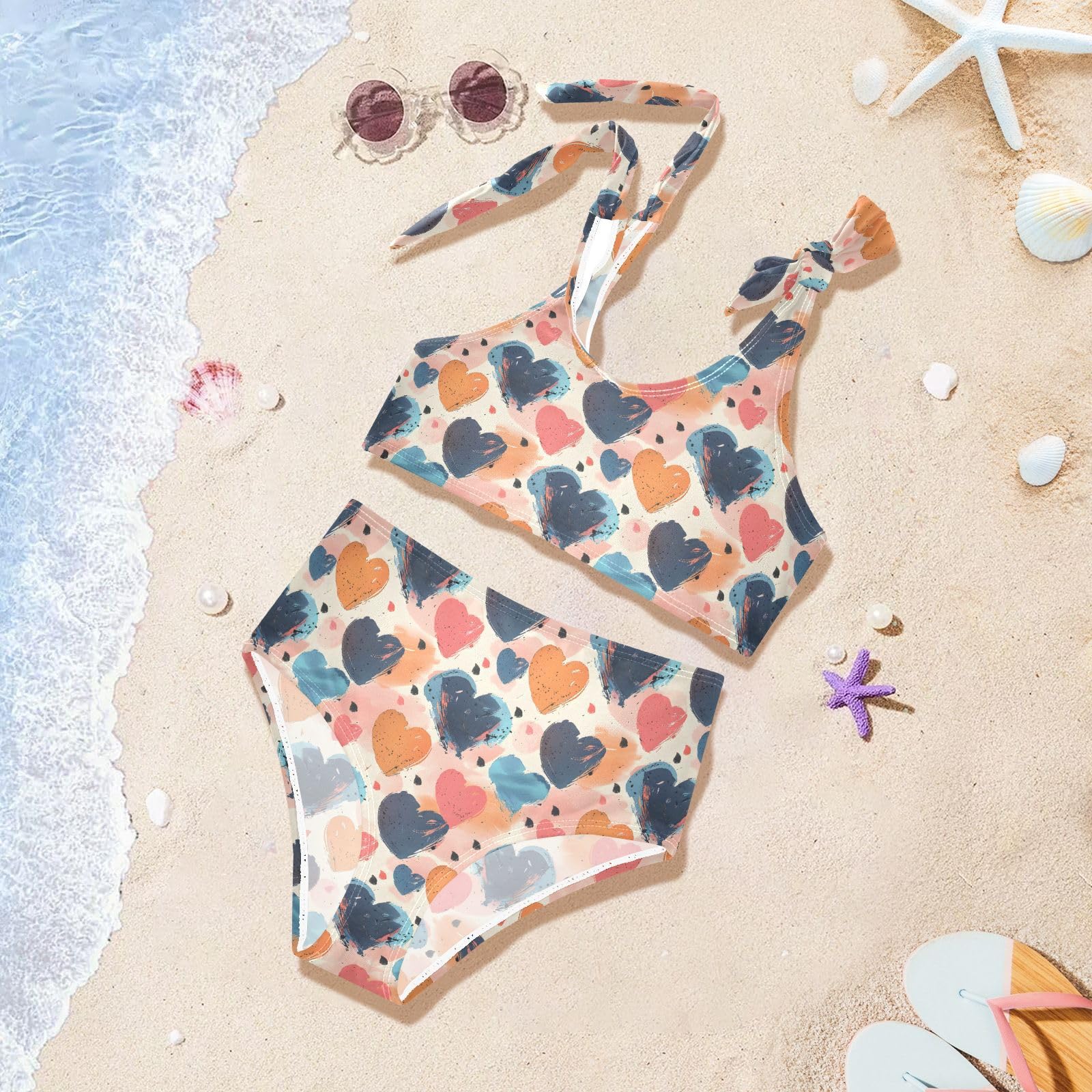 Heart Pattern Girls Tankini Swim Set, Two Piece Swimsuits Summer Bikini Swimwear Set for Girls, 3T Multicoloured