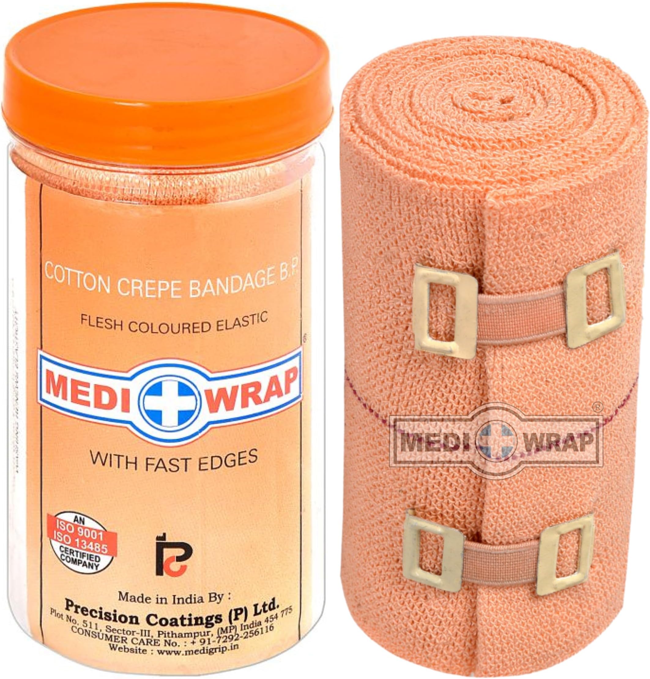 Cotton Crepe Bandage with Clips (Brown, 10cm x 4m, Pack of 1) – Elastic Support for Sprains & Strains, Washable & Reusable, Includes 2 Clips