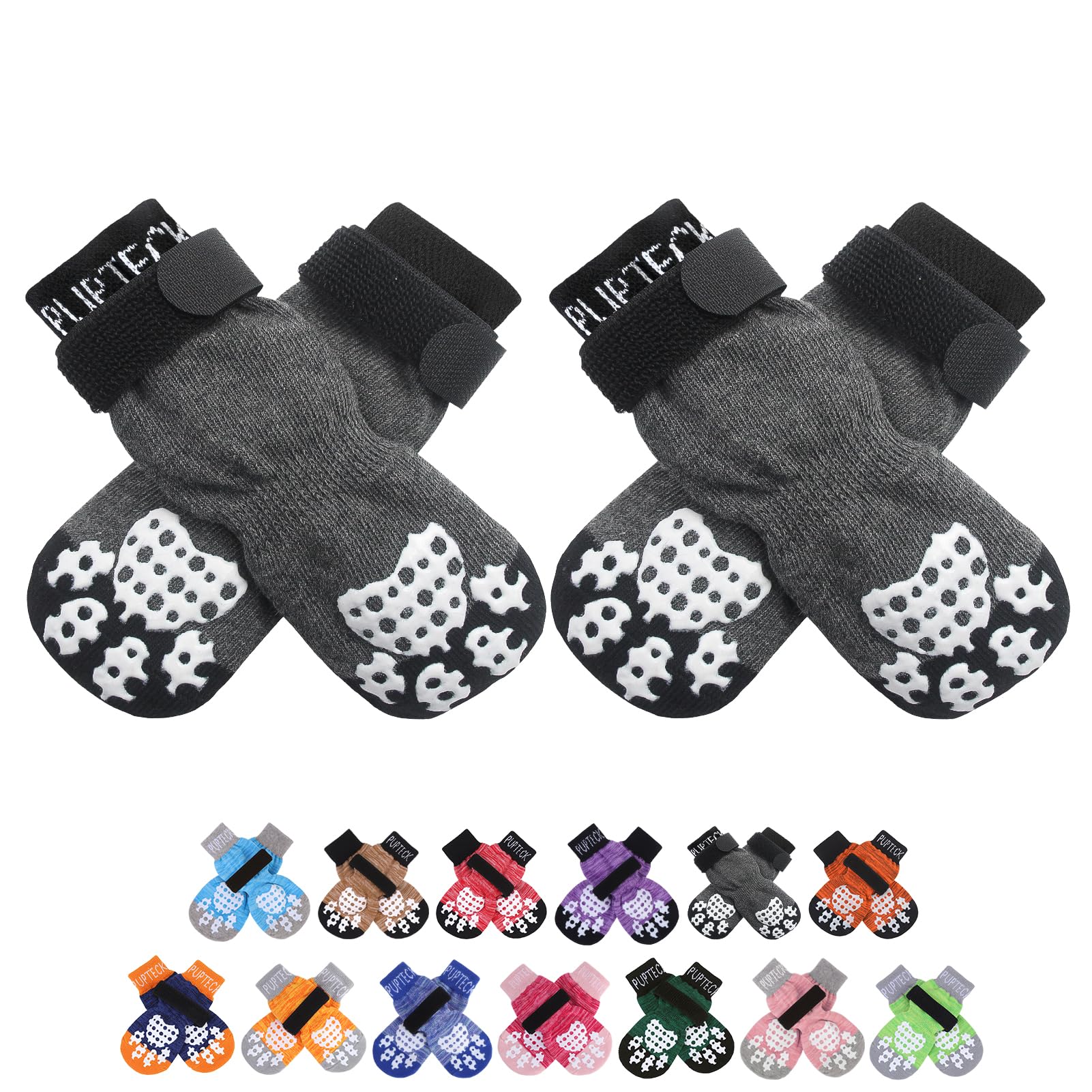 PUPTECK 2 Pairs Anti-Slip Dog Socks Paws Stop Licking, Walking Boots for Injured Paws Hot Weather/Winter, Gripper Shoes Paw Protectors for Hardwood Floors Small Large Dogs