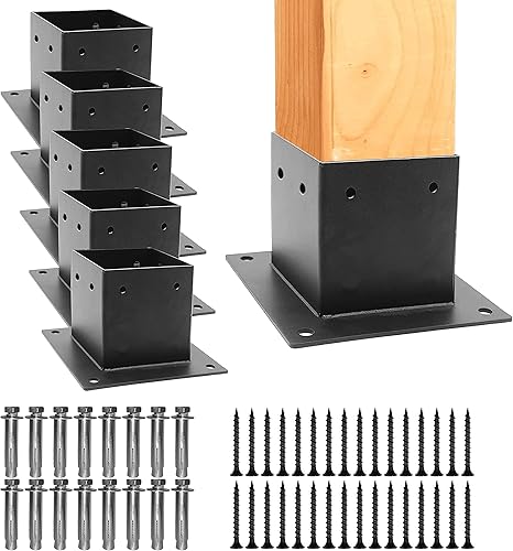 Zlinke 6 bases de poste de metal de 4 x 4, tamaño interior de 3.5 x 3.5 pulgadas, soportes de poste resistentes con recubrimiento de polvo, soportes