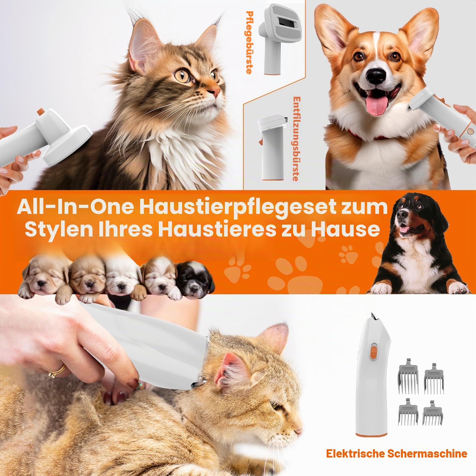 Hundepflege Vakuum Saug 99% Tierhaare PG10 Hundeschermaschine mit Staubsauger 12000 Pa, Hundebürste Tierhaarentferner für Hunde Katzen, Leise Schermaschine Hund mit Pflegewerkzeugen