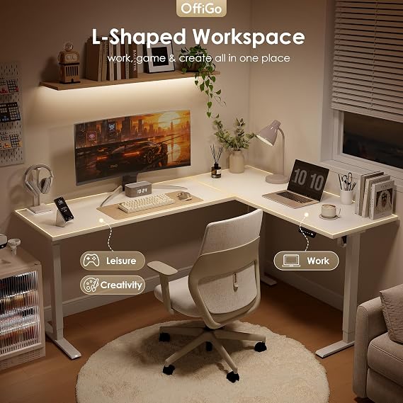 OffiGo Corner Desk, 180 x 140 cm Electric Standing Desk with 3 Memory Smart Panels, Reversible L Shaped Rising Table, Height Adjustable Table for Home Office Workstation, White