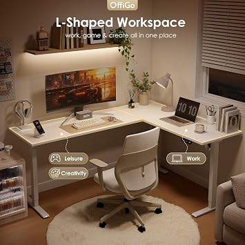 OffiGo Corner Desk, 180 x 140 cm Electric Standing Desk with 3 Memory Smart Panels, Reversible L Shaped Rising Table, Height Adjustable Table for Home Office Workstation, White