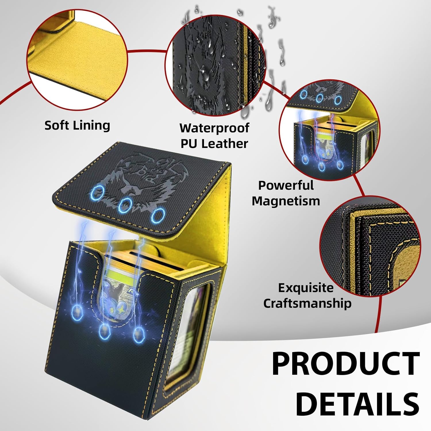 MTG Deck Box with Commander Display,Magnetic Card Storage Box Fits 100 Double Sleeved Cards,with 2 Dividers And 1 Mini Snap Card Holder Black/Yellow