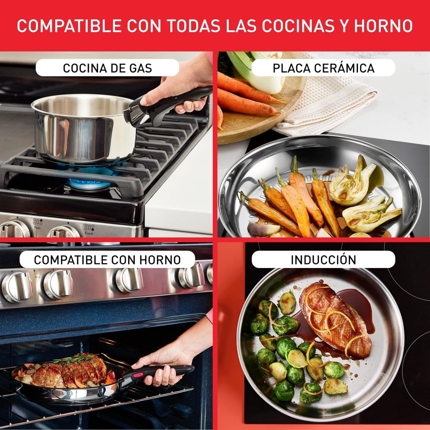Tefal Ingenio Emotion - Juego de 3 sartenes 22/24/28 cm + Mango Extraíble, Acero Inoxidable, Sin Revestimiento, Apto inducción, horno y lavavajillas