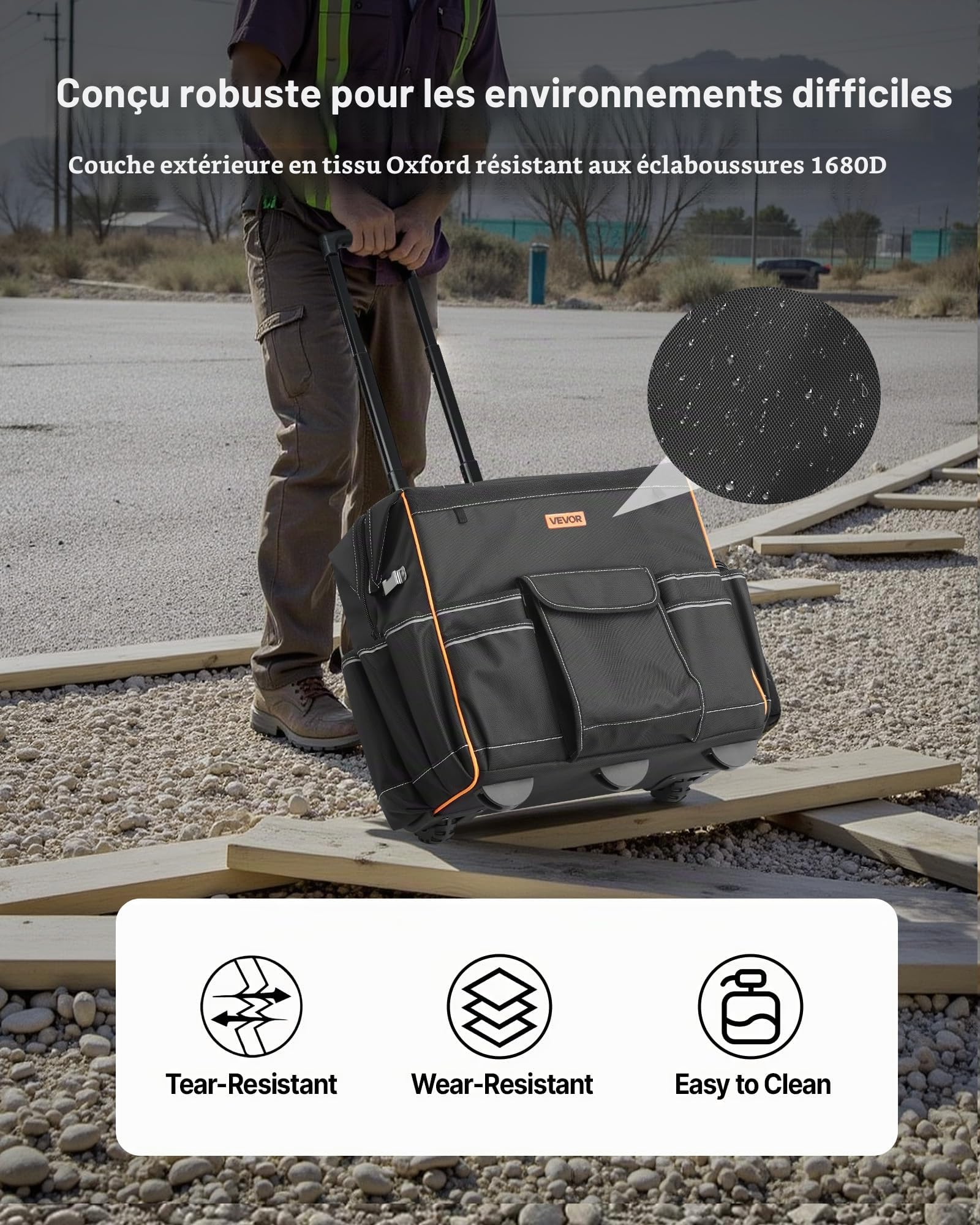 VEVOR Sac à Outils à Roulettes, Charge 50 kg, Caisse à Outil, 46x27x43 cm, avec 25 Poches, Poignée Télescopique, Base Stable, Sac Organisateur Outils Robuste pour Électriciens, Plombiers, Mécaniciens