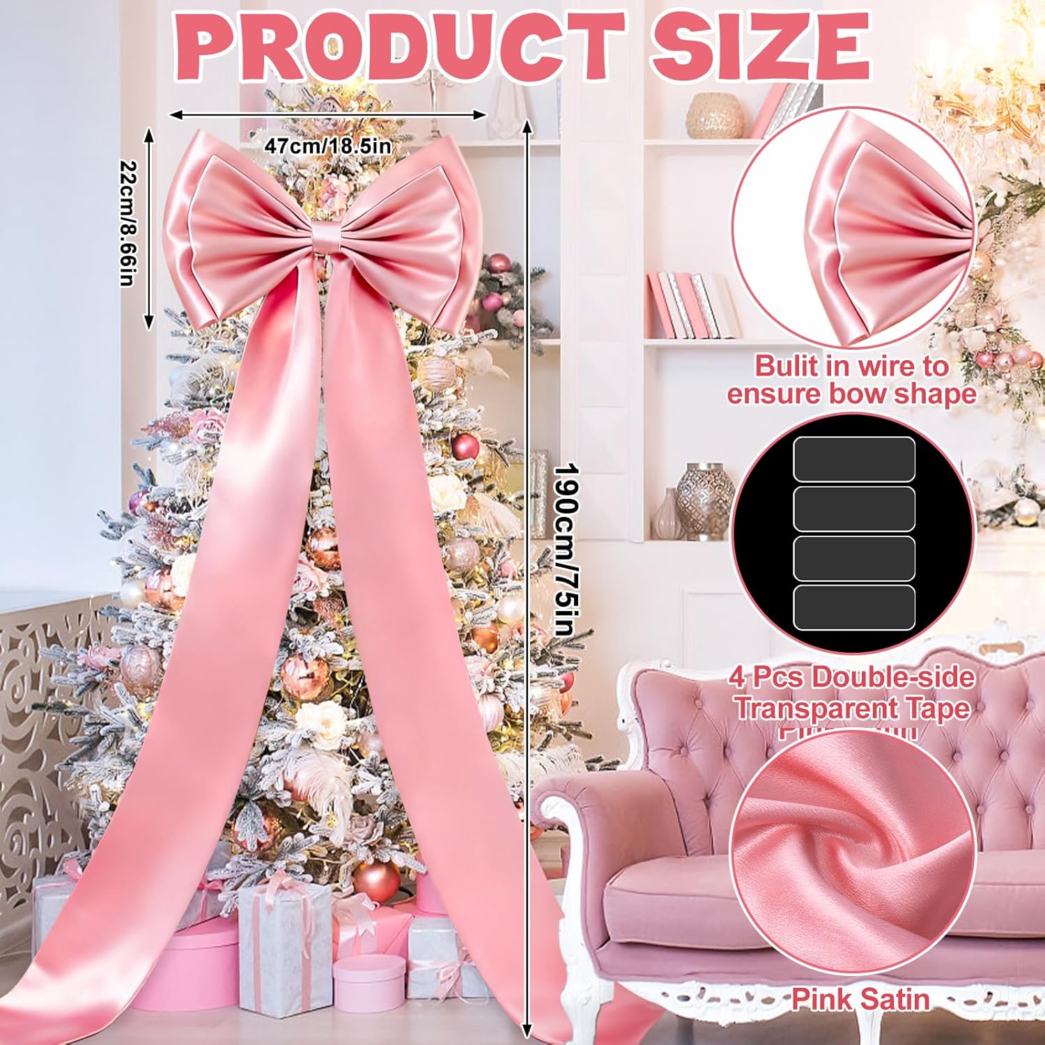 Dreamtop Giant Bow Decor, 19x75 Inch Christmas Tree Bow Topper Decoration for Christmas Tree for Home Wreath Wall Backdrop Birthday Wedding Party Decorations (Pink) - Image 2