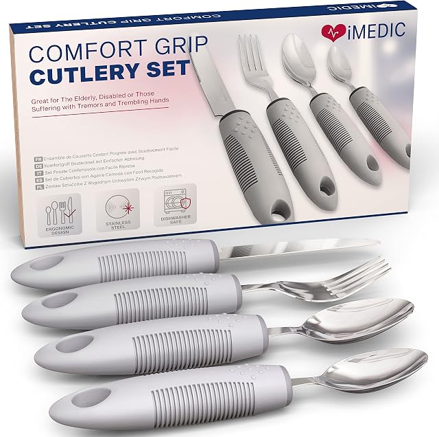 iMedic Comfort Grips Cutlery - Disability Eating Aids  Disabled Cutlery - Adaptive Cutlery  Cutlery for Tremors - Great for The Elderly and Disabled - (Grey 1x Set)