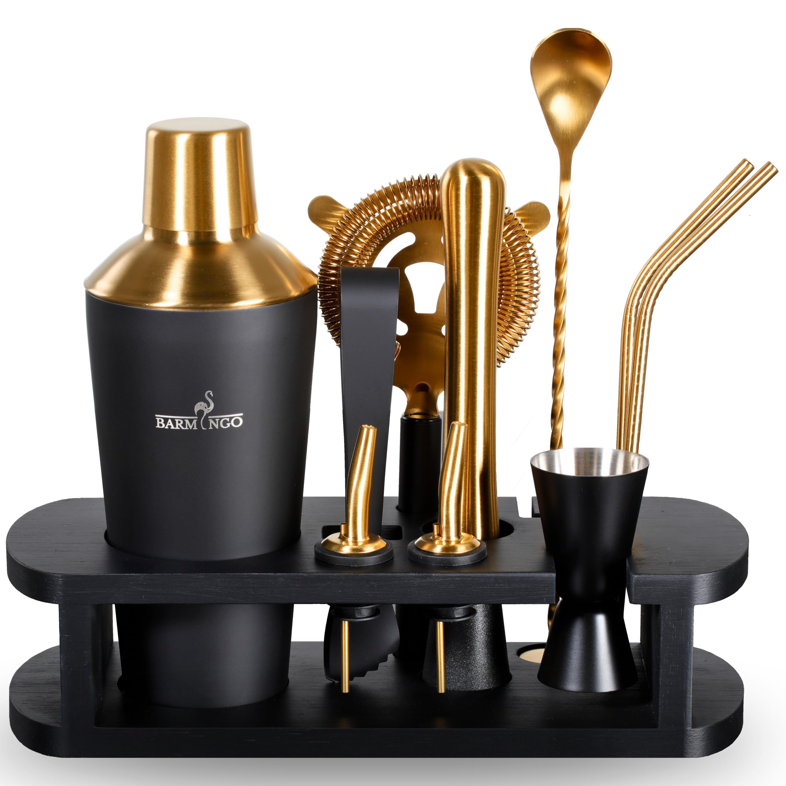 Shaker Cocktail Kit | 11 Pièces, Volume de 700 ML, Noir - Or | Shaker Cocktail INOX avec Support et Accessoires de Bar | Set Barman Cocktail Shaker | Kit Cocktail Professionnel