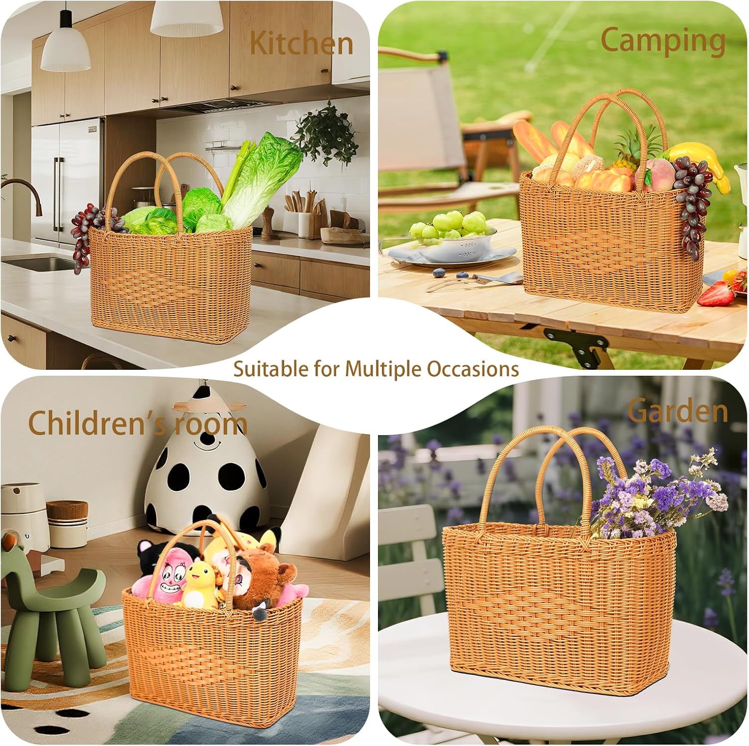 Big Picnic Basket-40cm Diameter with Handles Handmade Plastic Rattan Woven Basket Multifunctional Woven Storage Basket, Storage Basket for Camping,Shopping, Market, Birthday, Wedding,Picnic, Party - Image 7