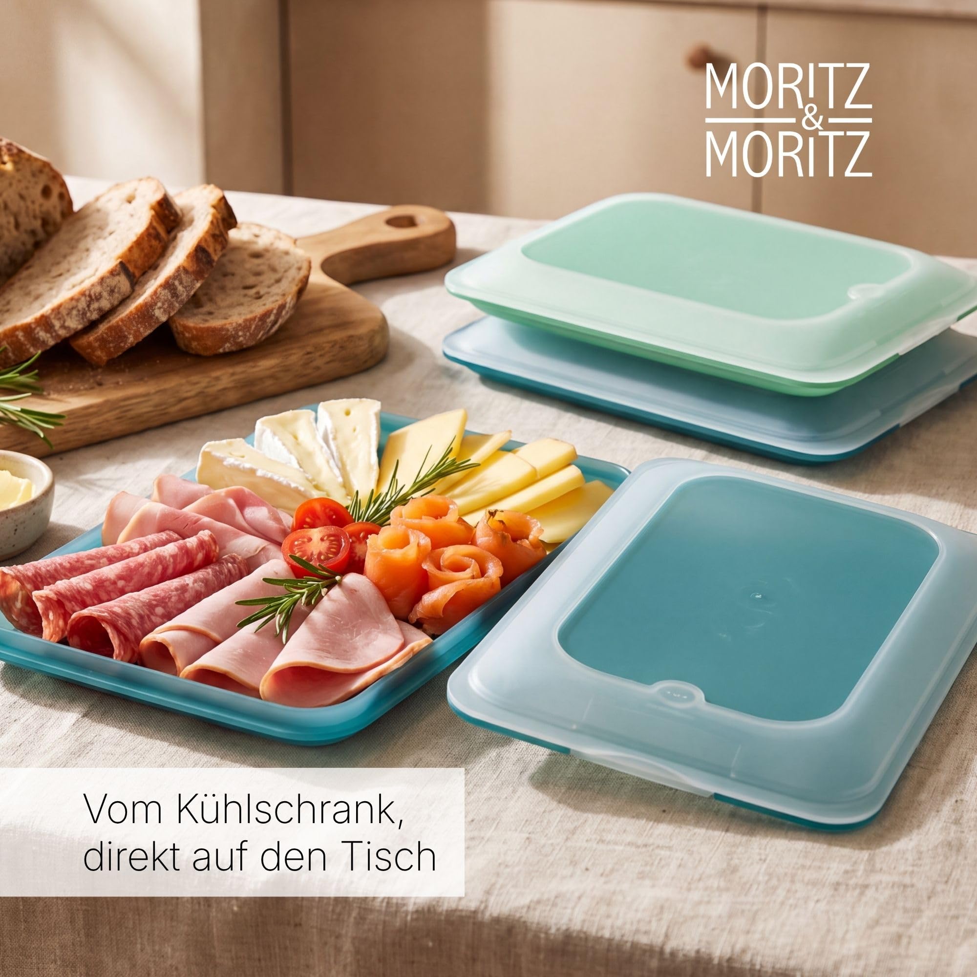 Moritz & Moritz 2er Set Aufschnittbox stapelbar Türkis – Frischhaltedosen mit Deckel zur Aufbewahrung von Wurst, Käse uvm. – lebensmittelecht, spülmaschinengeeignet Küche, Haushalt & Wohnen