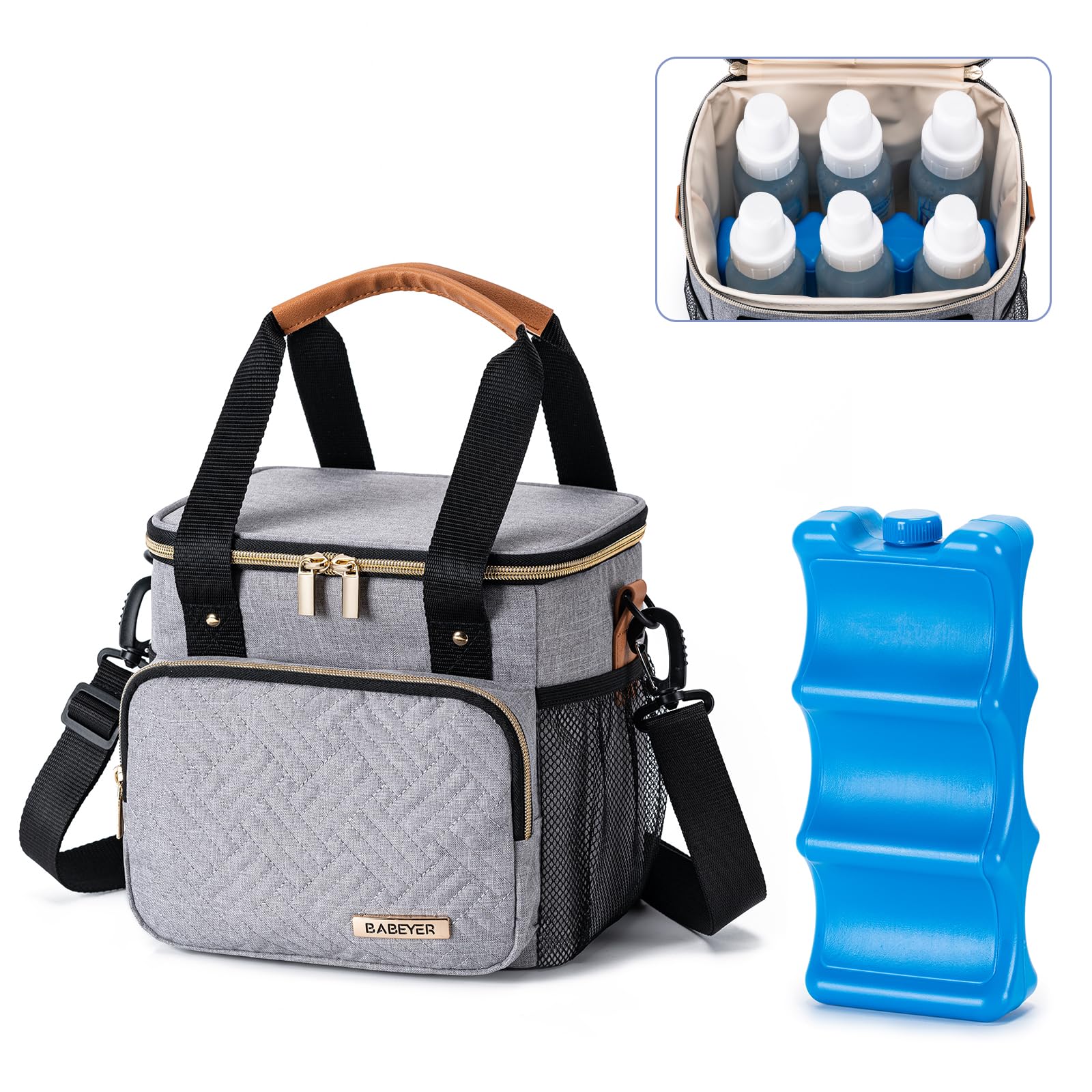 BABEYER Breastmilk Cooler Bag with Ice Pack Fits 6 Baby Bottles up to 9 Ounce, Breast Milk Pump Cooler Bag for Nursing Mom Daycare, Work, Travel-Light